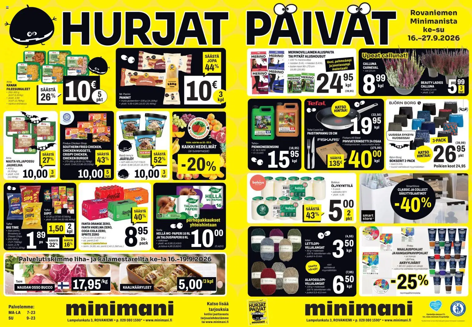 Minimani - Rovaniemi – voimassa 16/09/2026 alkaen | Sivu: 1 | Tuotteet: Säilytyslaatikot, Coca cola, Fanta, Kinkku
