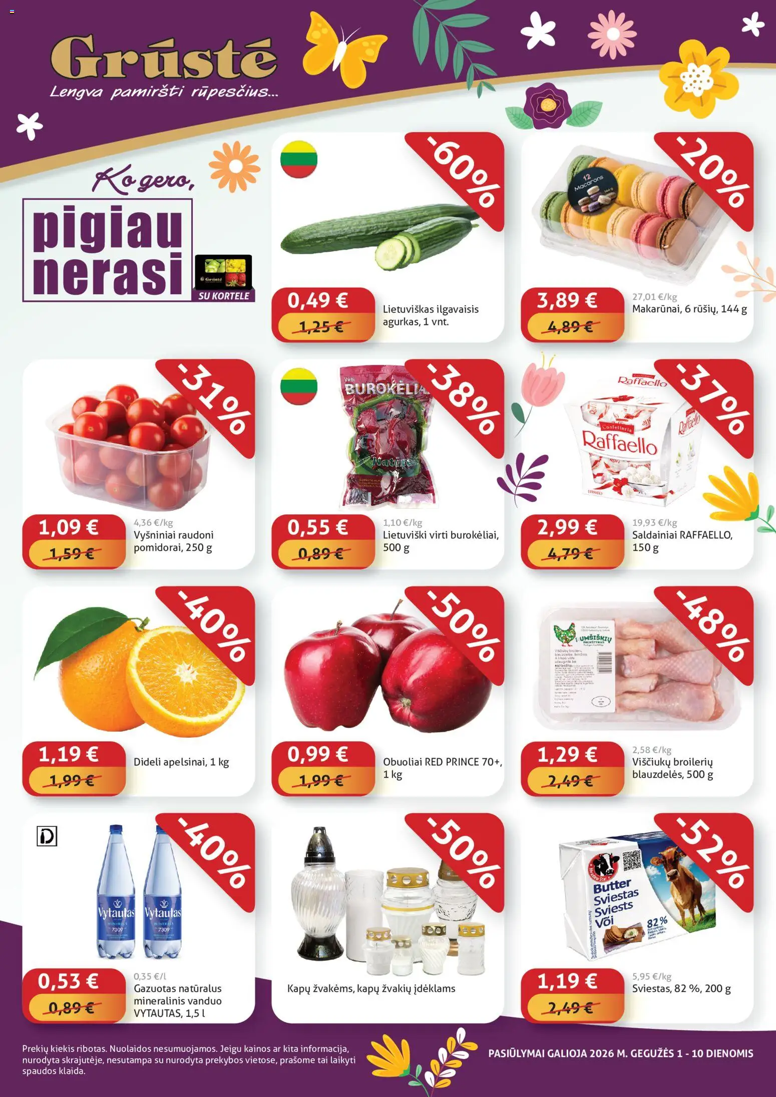 GRUSTE akcijos nuo 01.05.2026 | Puslapis: 1 | Prekių: Sviestas, Obuoliai, Saldainiai, Mineralinis vanduo