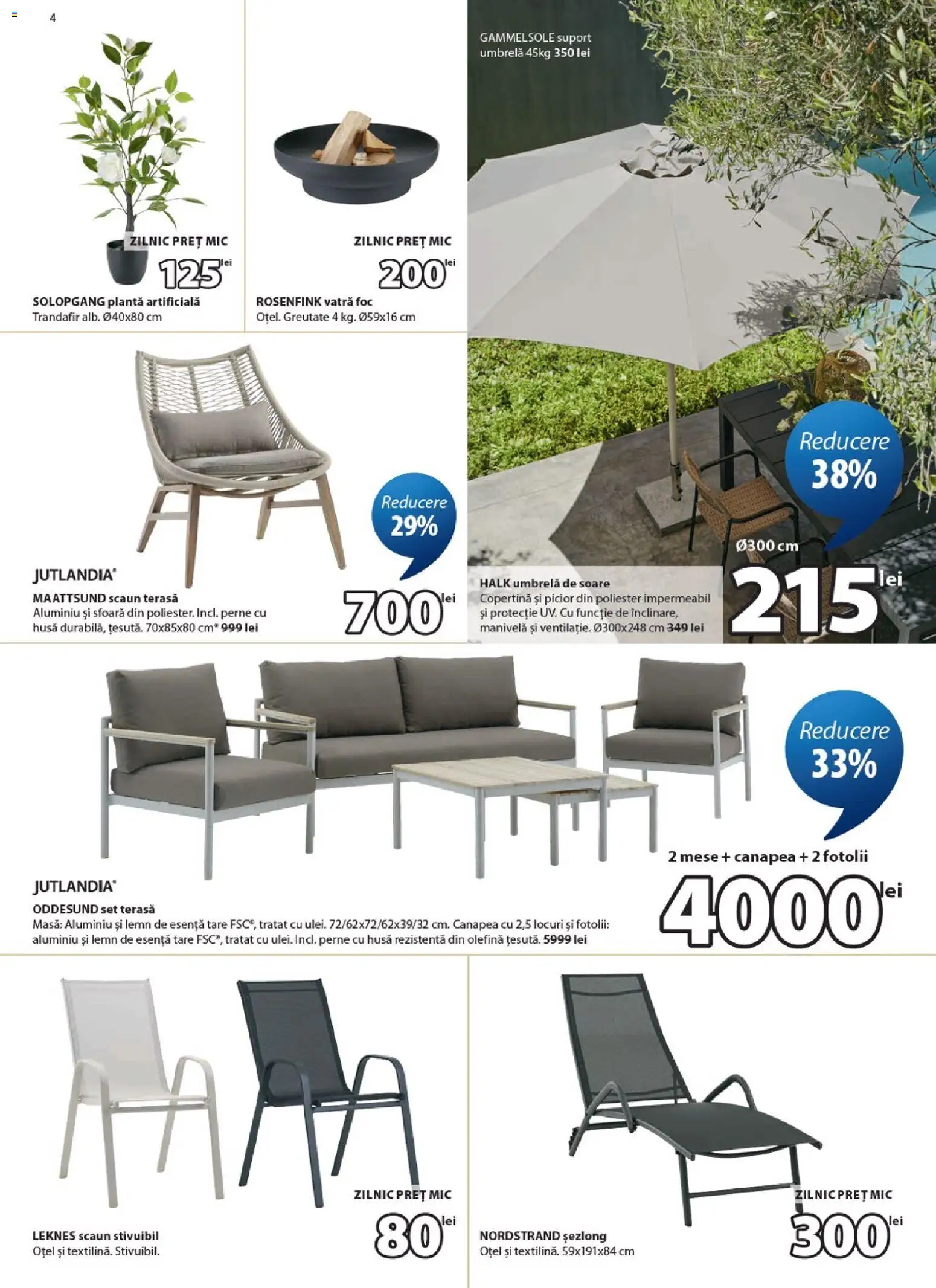 Noul catalog JYSK – valabil de la 09.07.2026 | Pagină: 4 | Produse: Umbrelă, Copertină, Șezlong, Masă