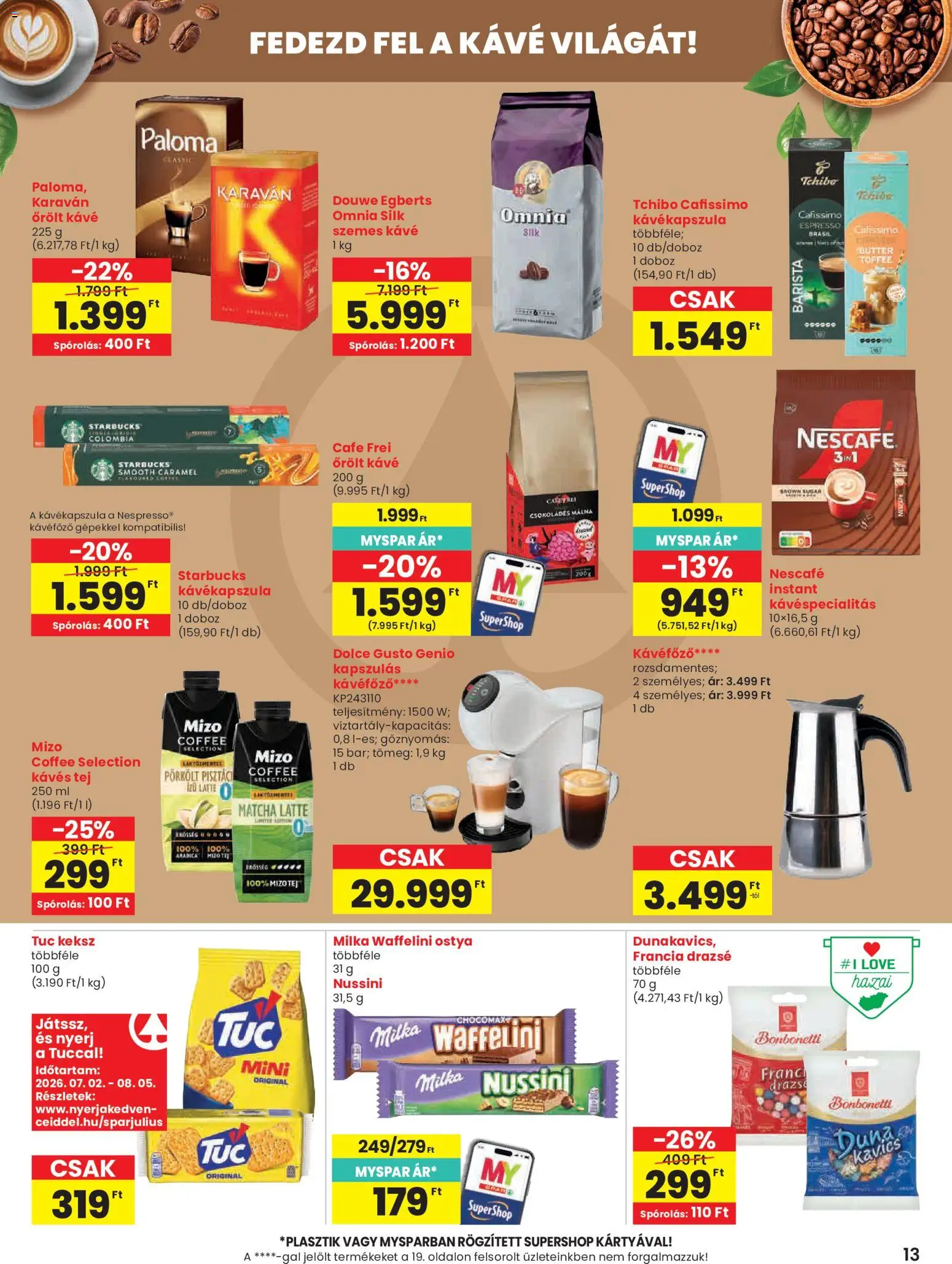 Spar akciós ujság - amely érvényes a következő dátumtól: 2026.07.23. | Oldal: 13 | Termékek: Waffelini, Drazsé, Omnia, Őrölt kávé