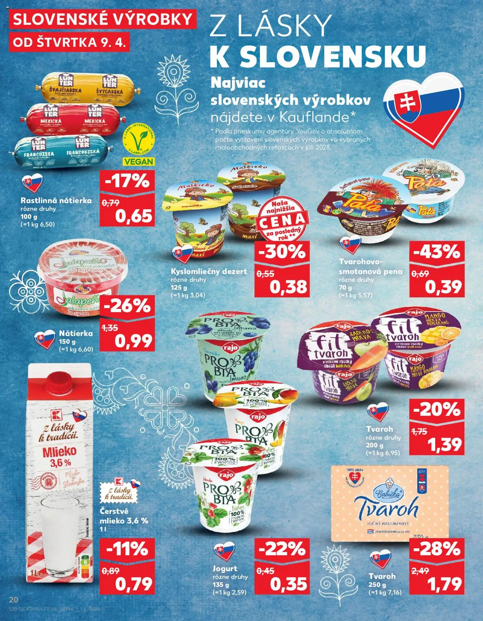 Nové Kaufland akcie – leták je platný od 09.04.2026 | Strana: 20 | Produkty: Mlieko, Jogurt, Tvaroh, Rastlinná nátierka