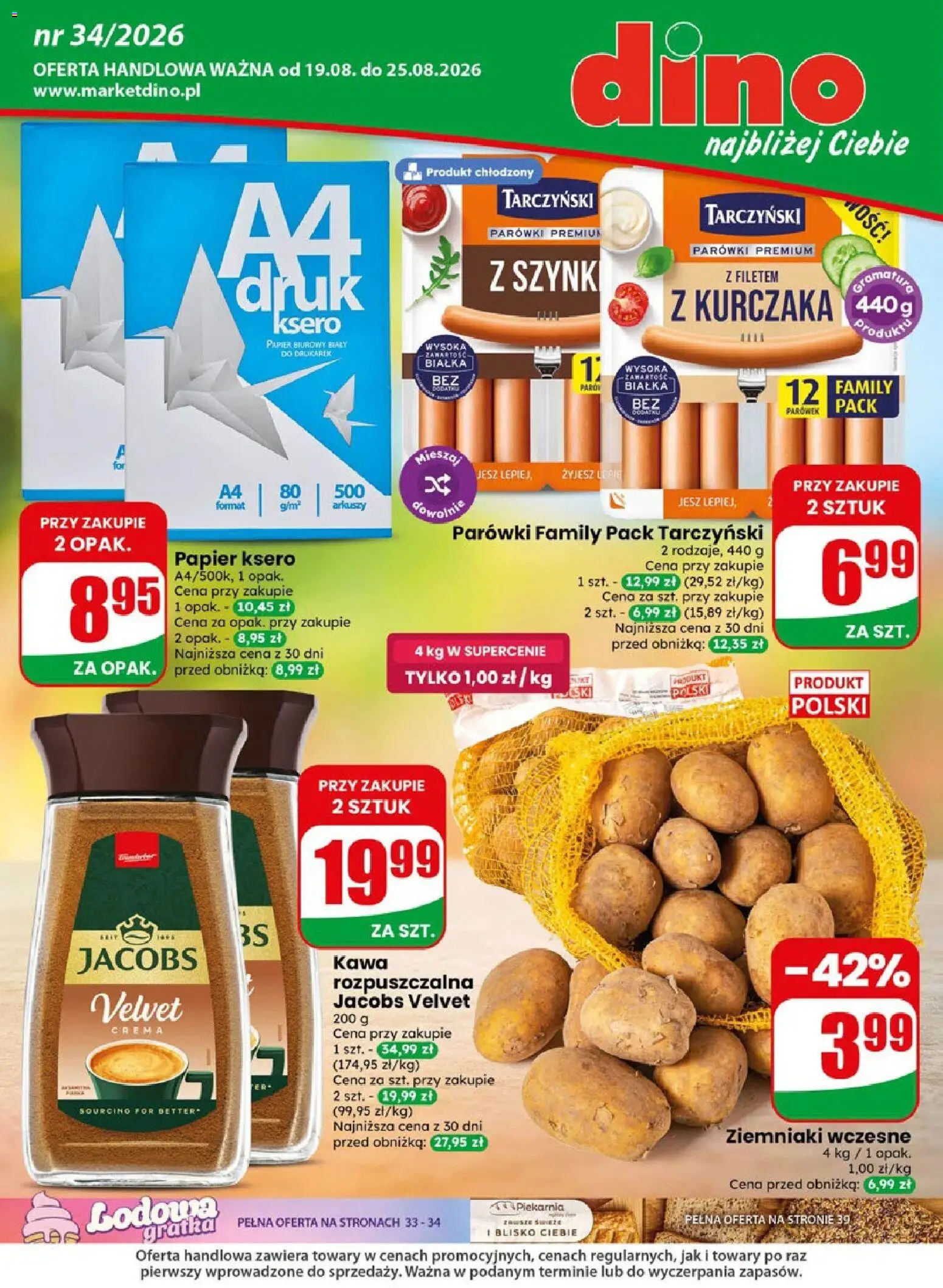 Dino gazetka od 19.08.2026 | Strona: 1 | Produkty: Jacobs, Kawa, Ziemniaki, Papier ksero