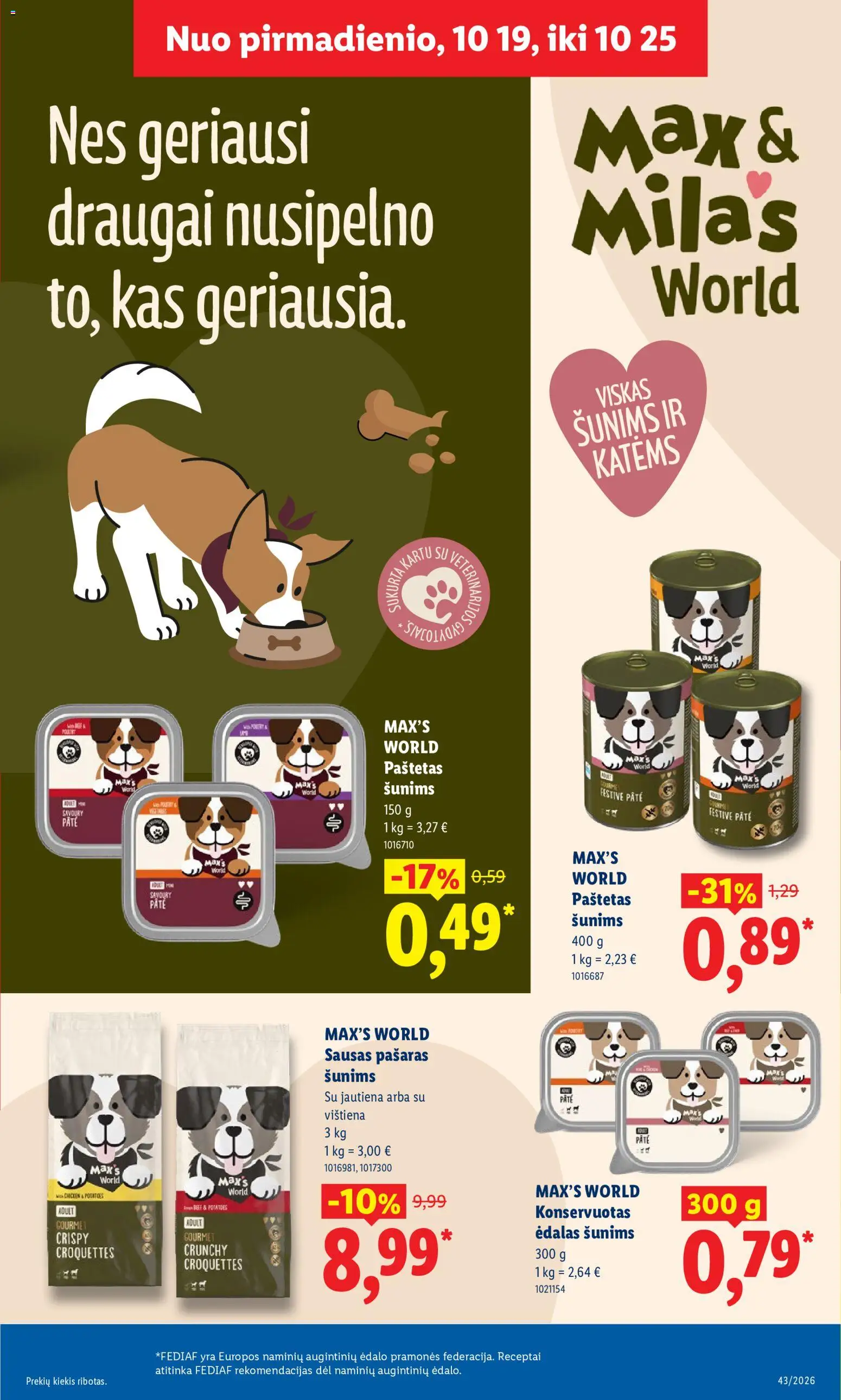 LIDL akcijos nuo 2026.10.19 | Puslapis: 15 | Prekių: Sausas pašaras šunims, Paštetas, Vištiena, Jautiena