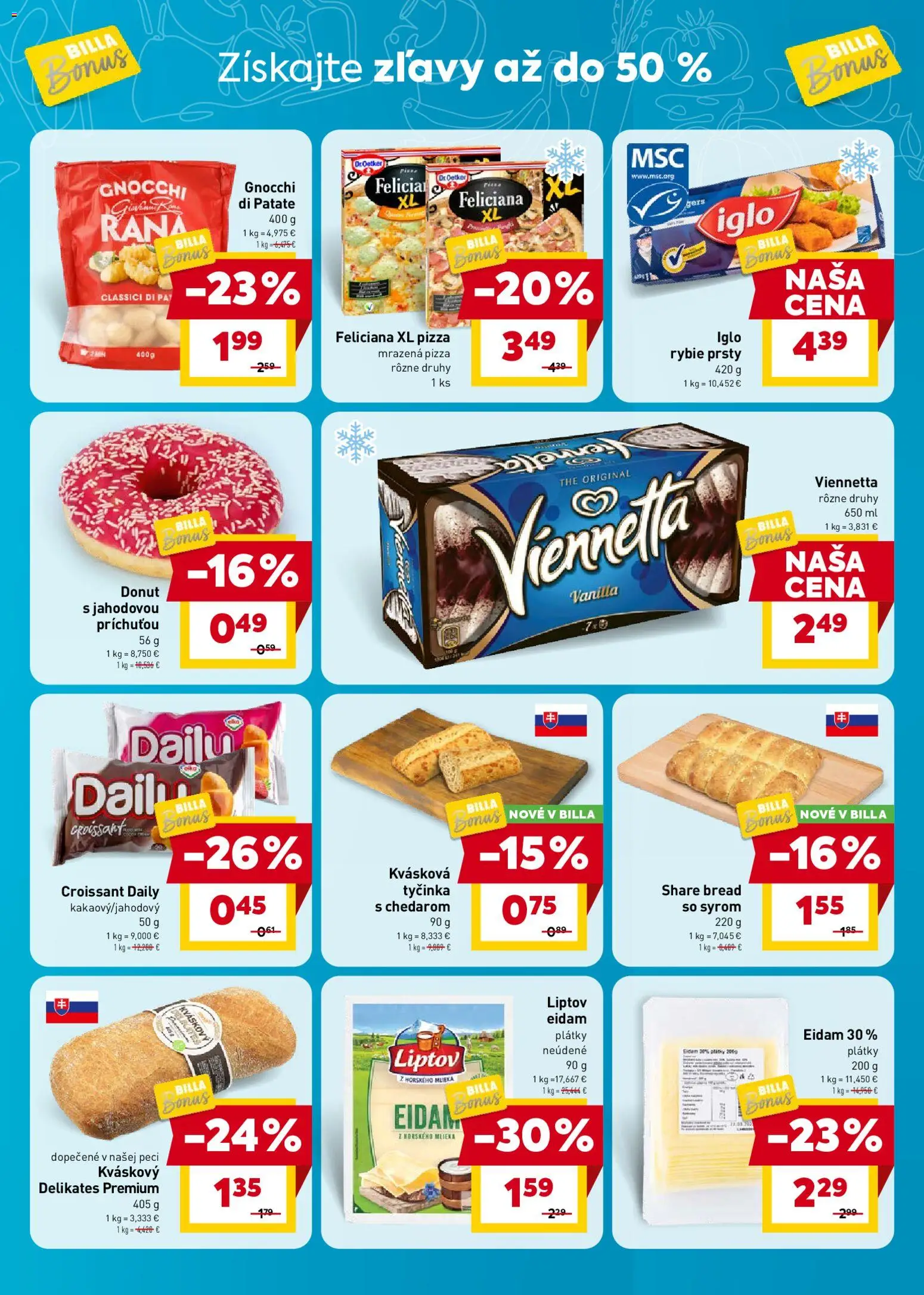 Nové Billa akcie – leták je platný od 06.05.2026 | Strana: 3 | Produkty: Pizza, Donut, Croissant, Eidam