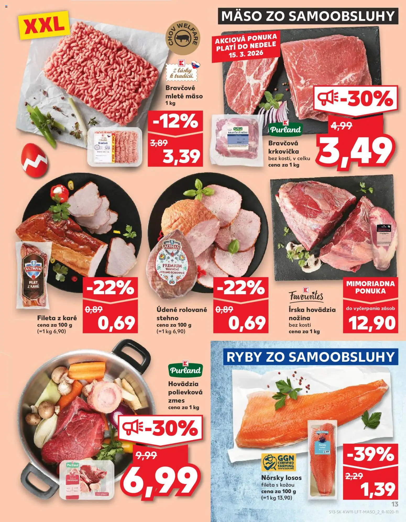 Nové Kaufland akcie – leták je platný od 12.03.2026 | Strana: 13 | Produkty: Ryby, Bravčová krkovička, Losos, Mleté mäso