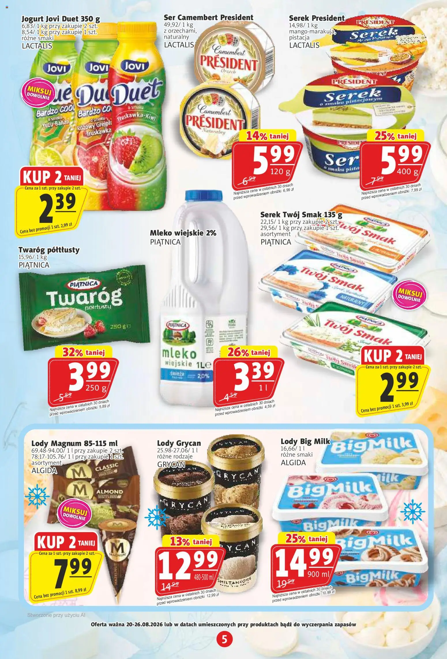 Prim Market gazetka od 20.08.2026 | Strona: 5 | Produkty: Lody Grycan, Grycan lody, Piątnica, Camembert