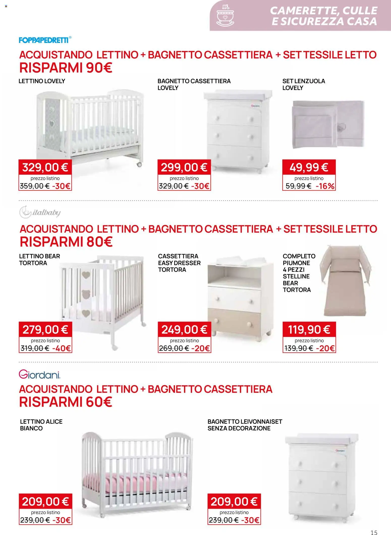 Volantino Prenatal del 20/08/2026 | Pagina: 15 | Prodotti: Bagnetto, Letto, Cassettiera, Lenzuola