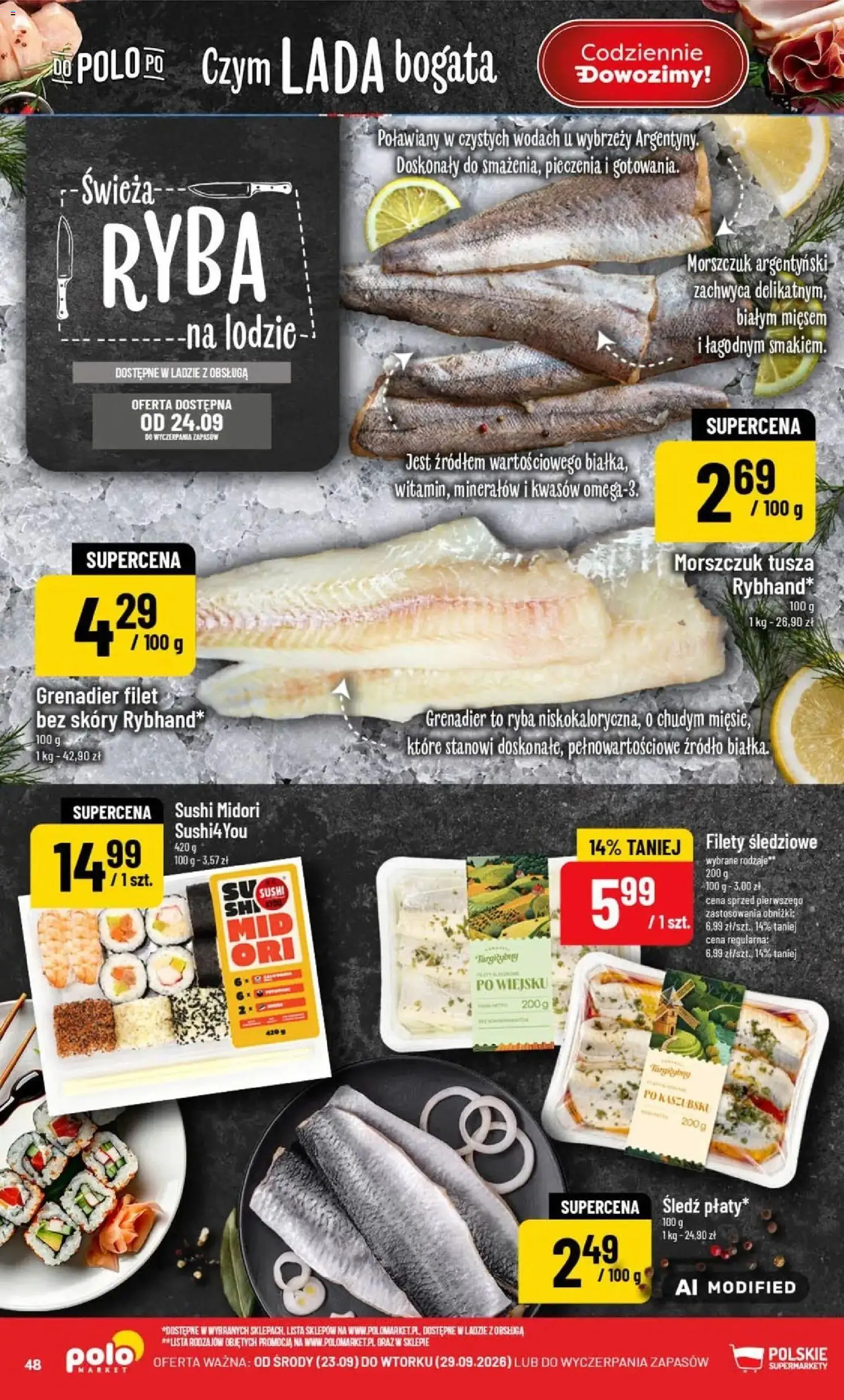 Nowa POLOmarket gazetka od jutra 23.09.2026 | Strona: 48 | Produkty: Śledź, Filet, Sushi, Morszczuk argentyński