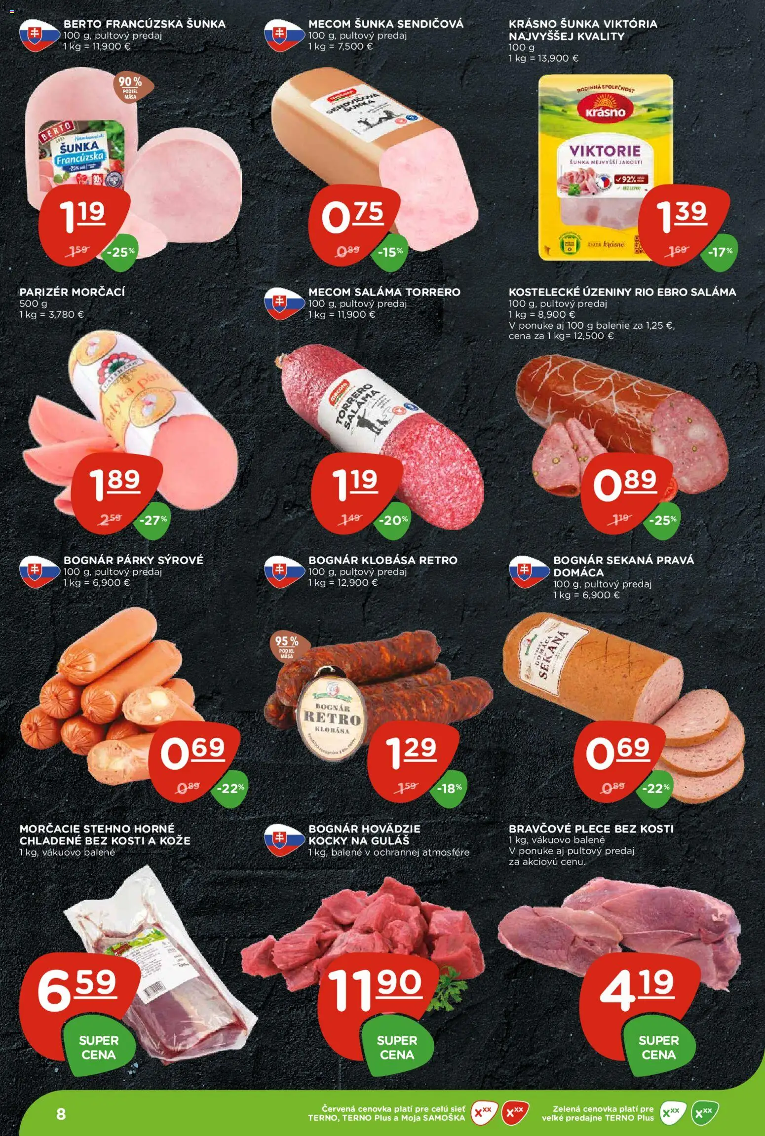 Nové Terno akcie – leták je platný od 09.07.2026 | Strana: 8 | Produkty: Saláma, Šunka, Klobása, Párky