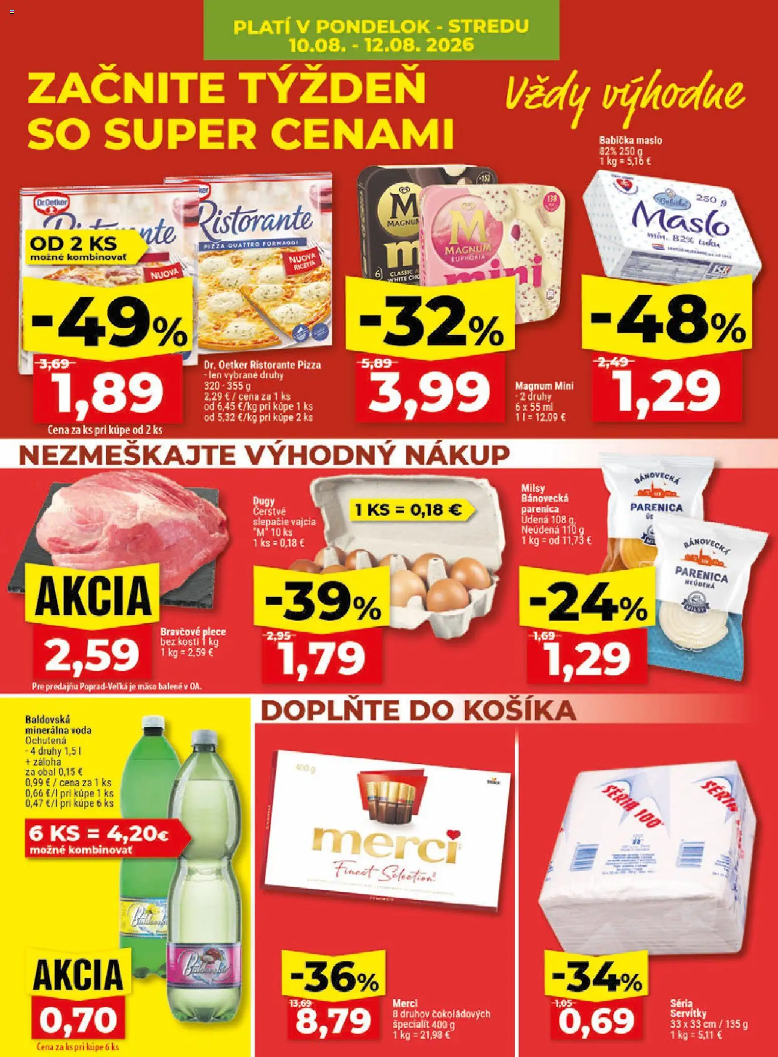 Nové Klas akcie – leták je platný od 10.08.2026 | Strana: 4 | Produkty: Pizza, Bravčové plece, Voda, Minerálna voda