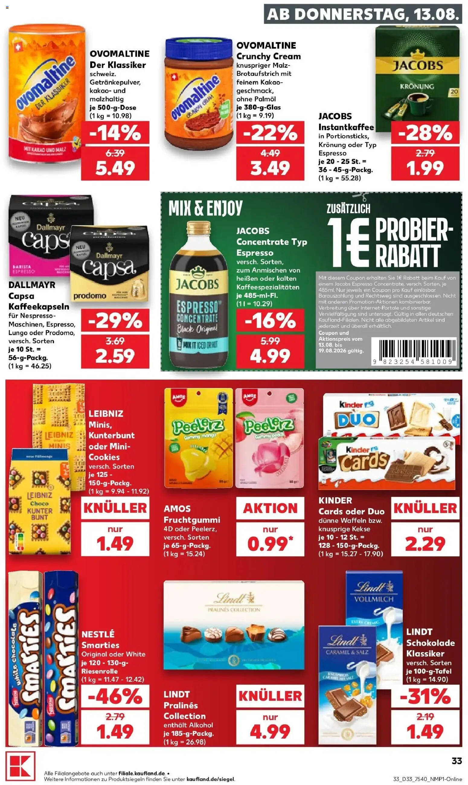 Prospekt Kaufland ab 13.08.2026 » Angebote Online zum Blättern | Seite: 33 | Produkte: Waffeln, Dallmayr, Salz, Alkohol