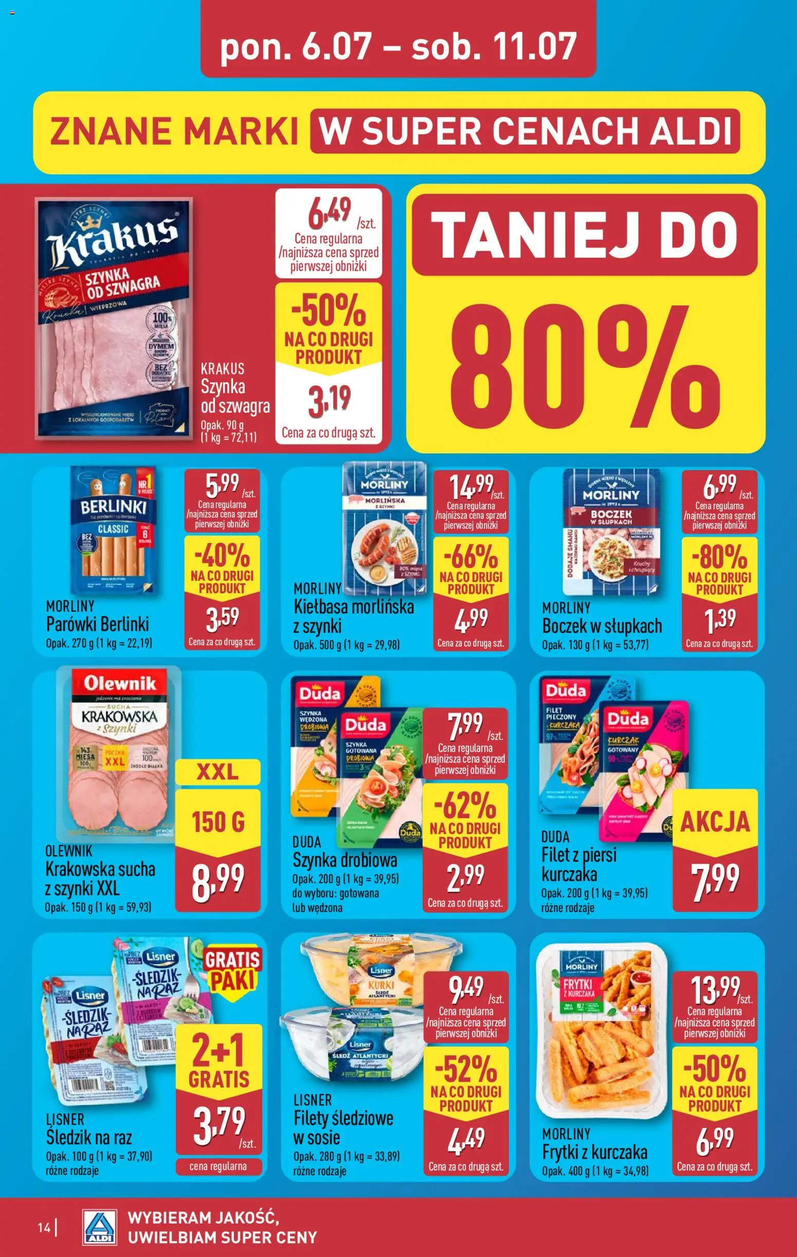 Aldi gazetka od 06.07.2026 | Strona: 14 | Produkty: Szynka drobiowa, Piersi, Śledź, Parówki