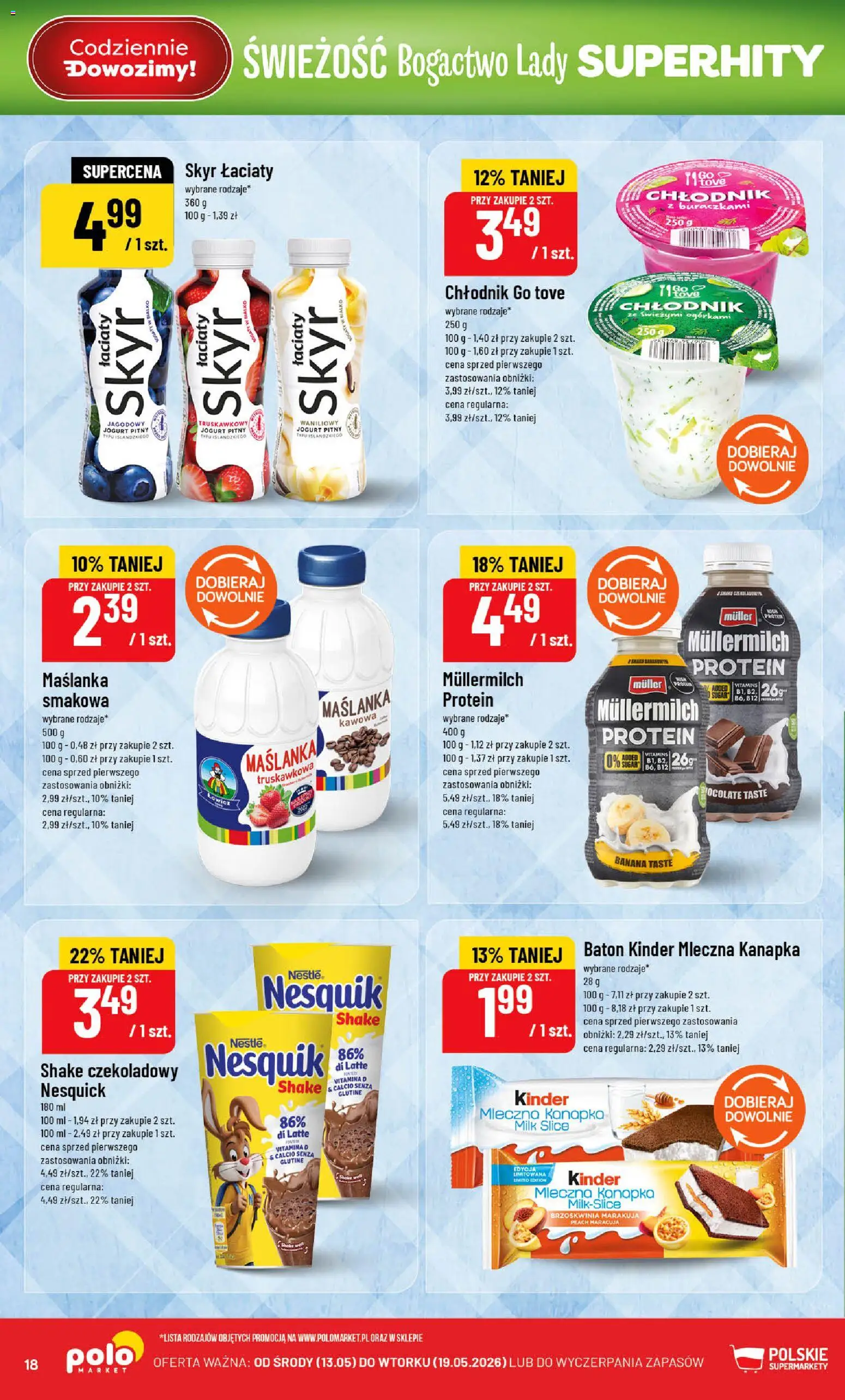 POLOmarket gazetka od 13.05.2026 | Strona: 18 | Produkty: Maślanka, Jogurt pitny, Baton, Skyr