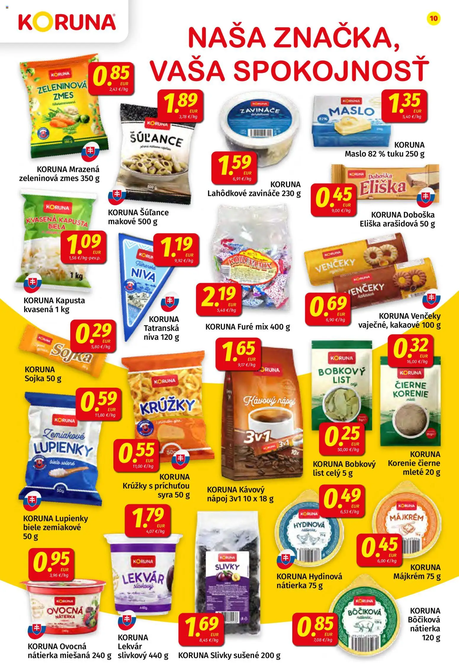 Nové Koruna akcie – leták je platný od 14.08.2026 | Strana: 10 | Produkty: Maslo, Zeleninová zmes, Korenie, Slivky