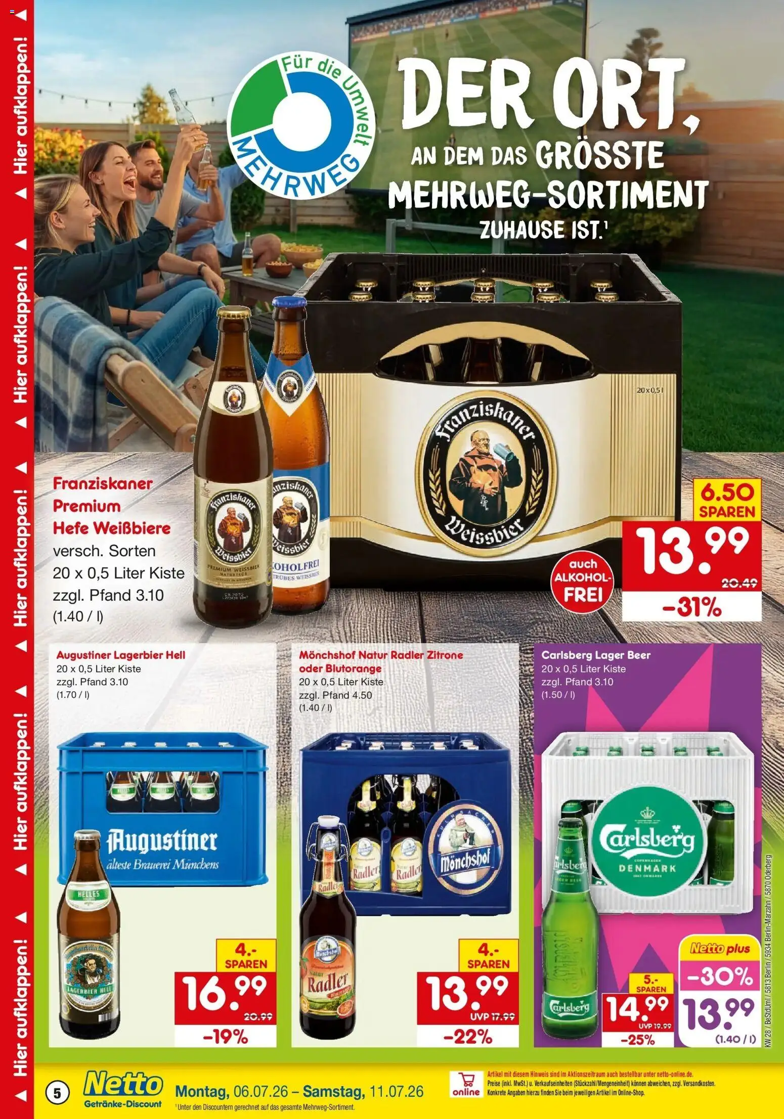 Netto Marken-Discount - Netto: Getränkeangebote – gültig ab 05.07.2026 | Seite: 5 | Produkte: Monchshof, Carlsberg, Weißbier, Zitrone