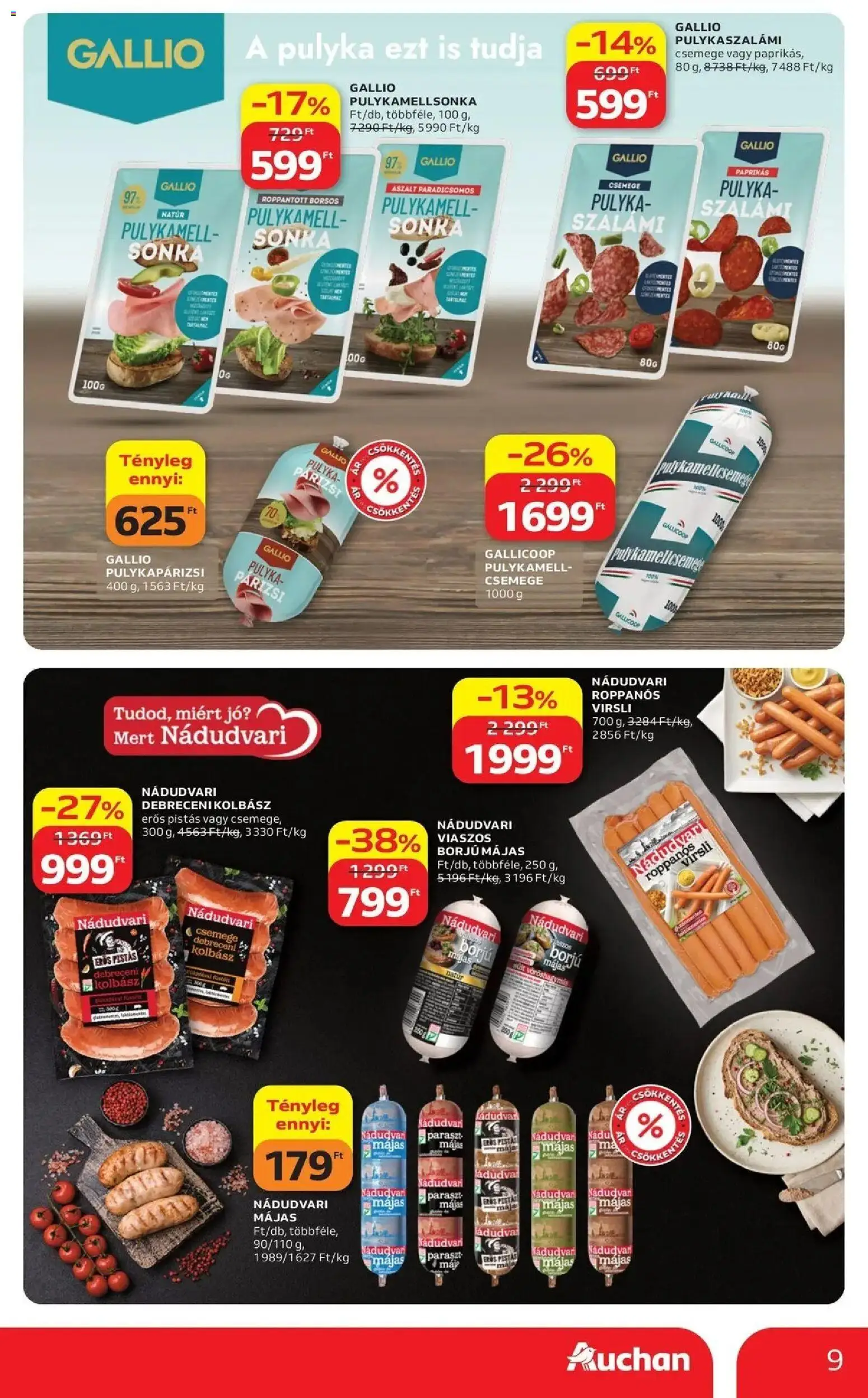 Auchan akciós újság Szolnok - 2026.08.20. -tól/töl > akció, lapozható szórólap 🛍️ | Oldal: 9 | Termékek: Virsli, Debreceni, Sült, Pulykamell sonka