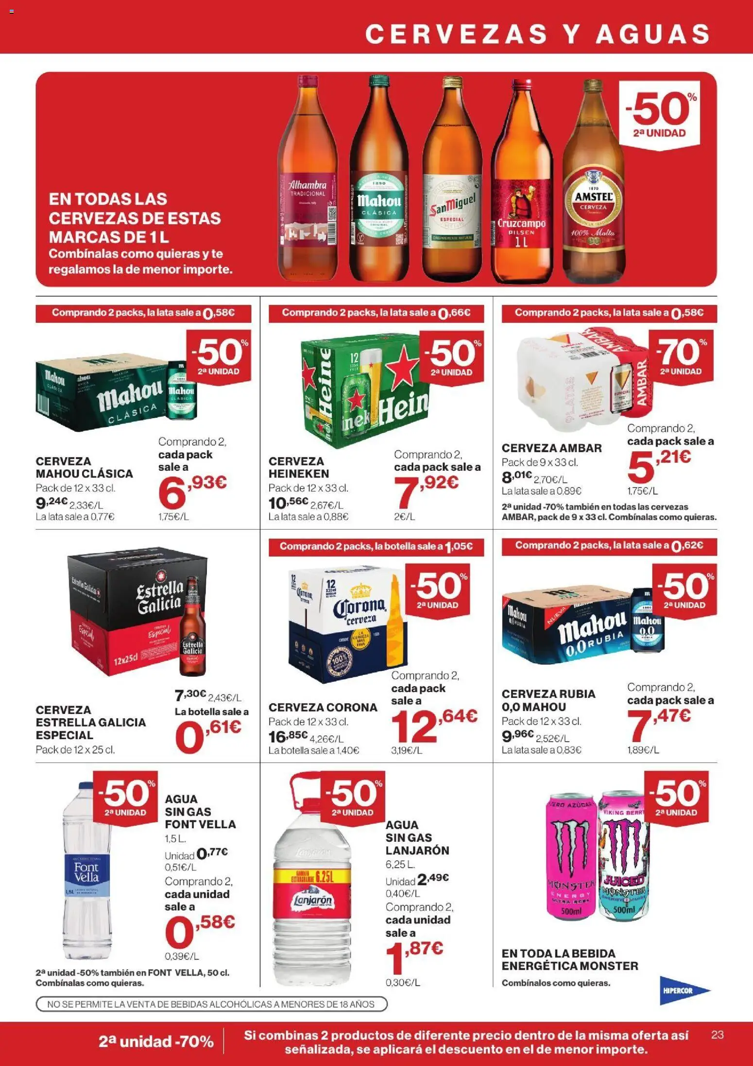 Hipercor catálogo │ válido desde el 13/08/2026 | Página: 23 | Productos: Cerveza Corona, Bebidas, Agua, Heineken