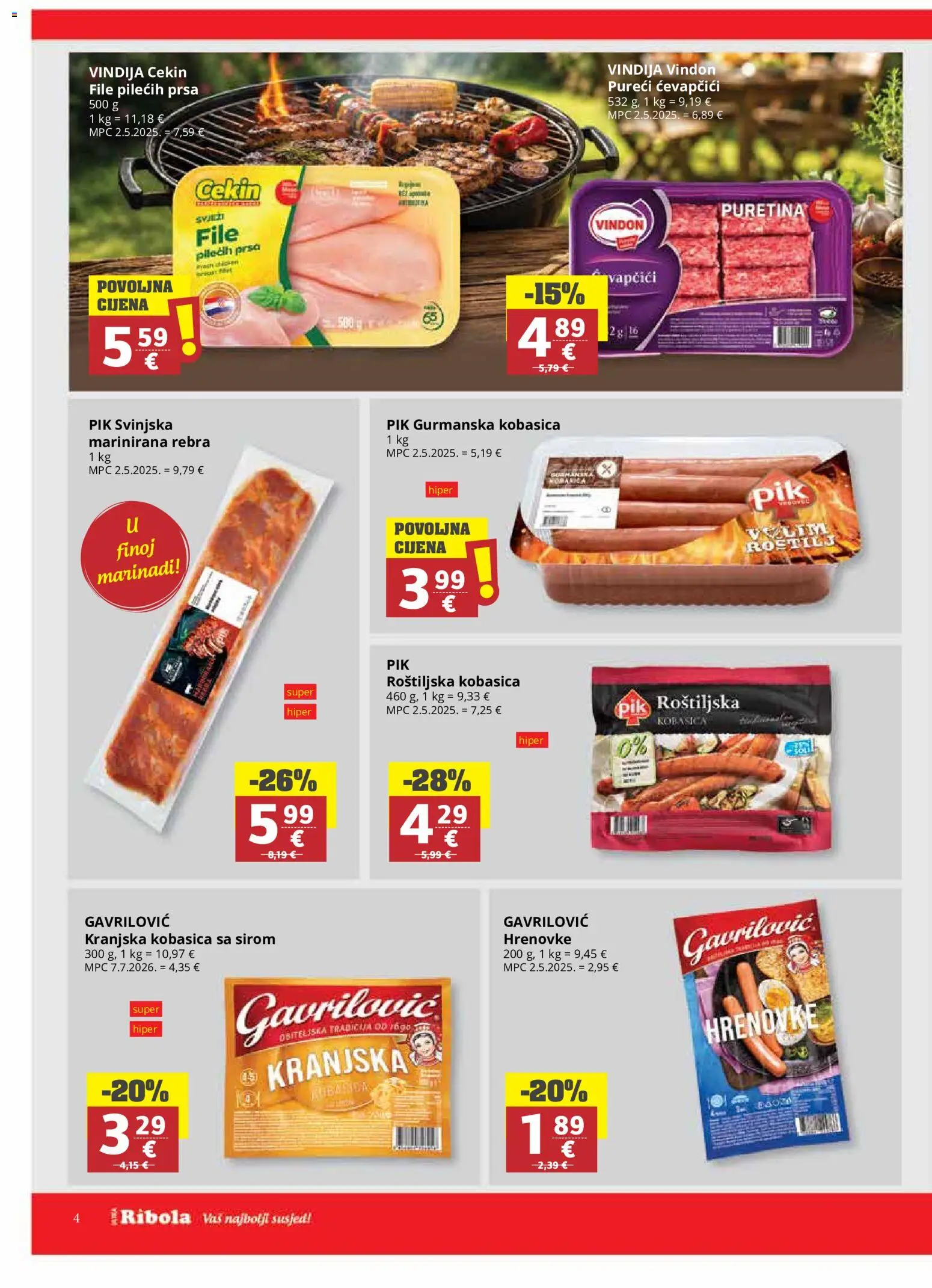 Ribola katalog | vrijedi od 19.08.2026 | Stranica: 4 | Proizvodi: Puretina, Marinirana rebra, Kobasica, Ćevapčići