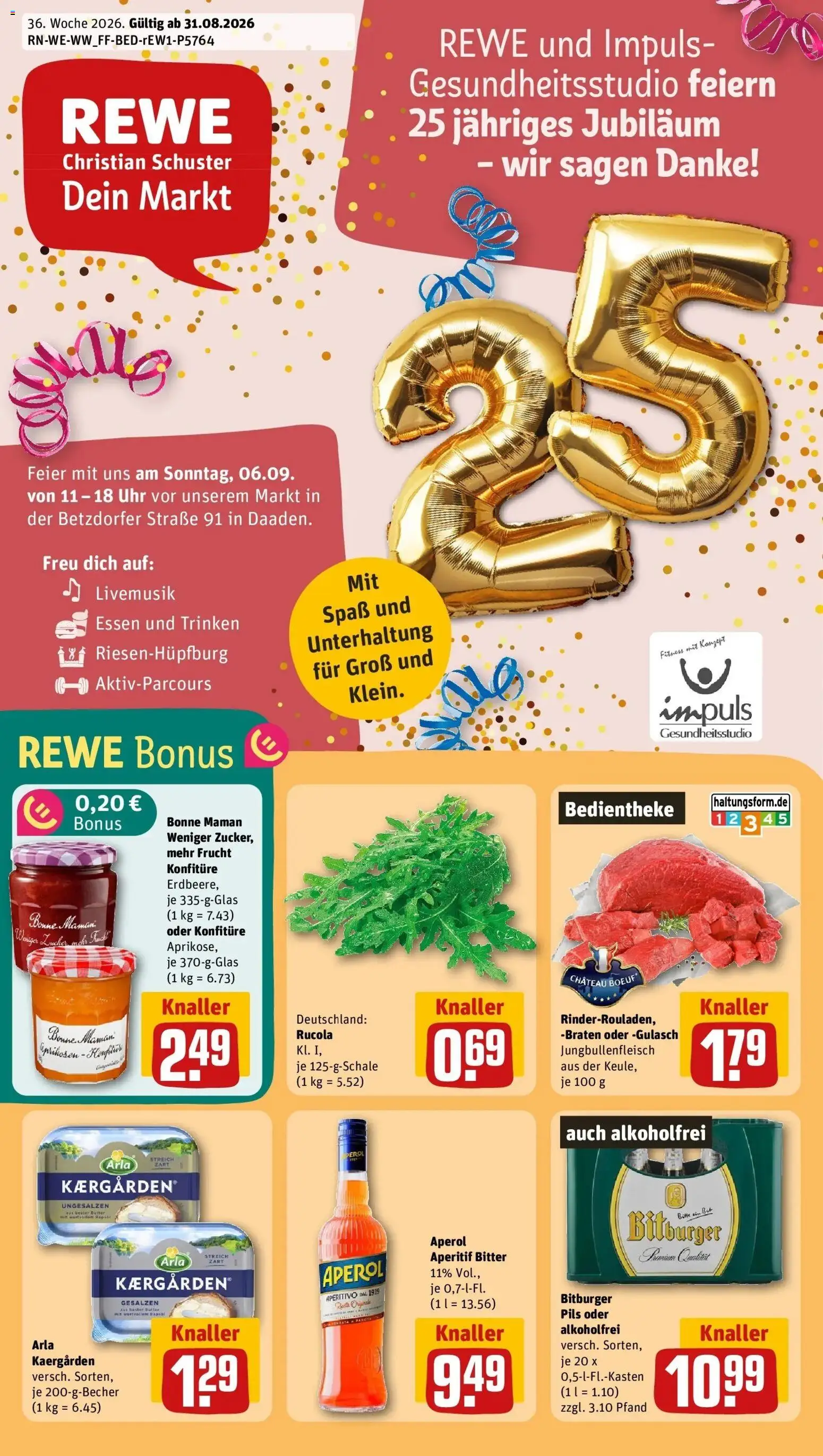 REWE Prospekt ab 31.08.2026 zum Blättern » Angebote | Seite: 1 | Produkte: Bitburger, Rucola, Aperol, Bonne maman