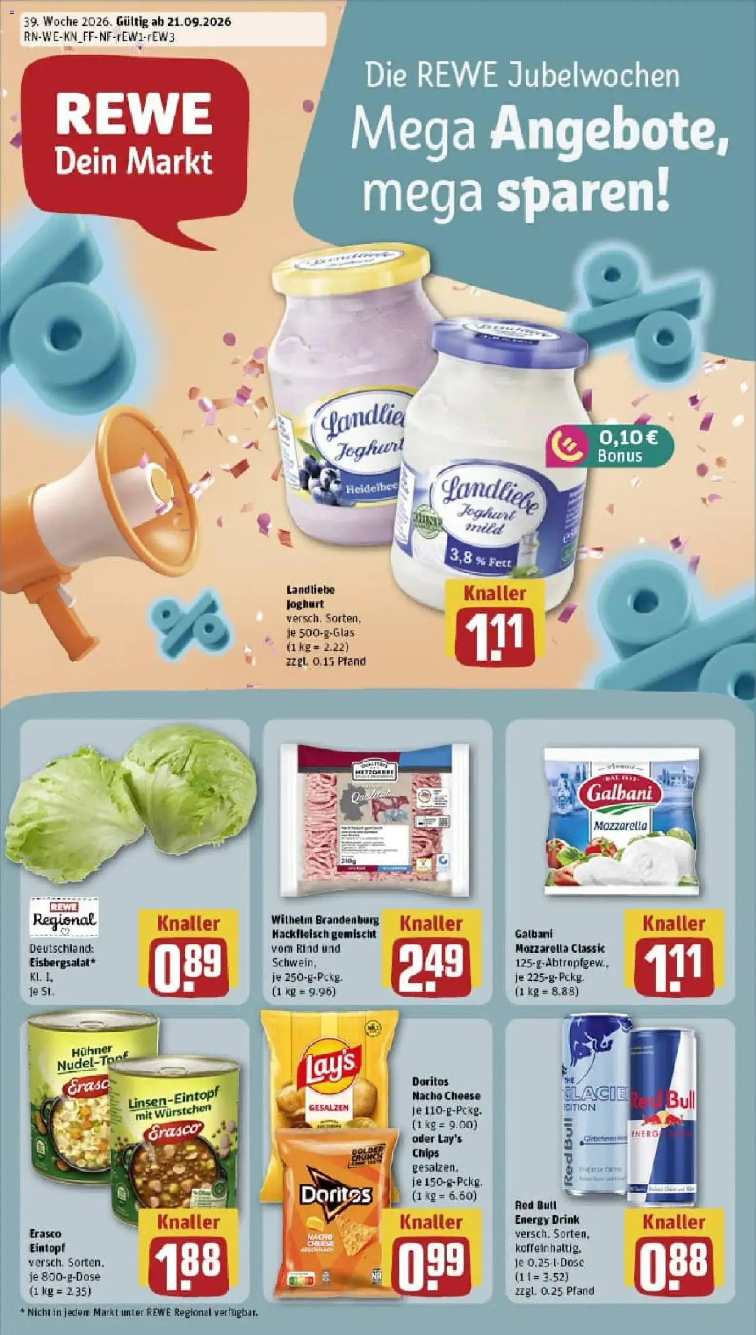 REWE Prospekt ab 21.09.2026 zum Blättern » Angebote | Seite: 1 | Produkte: Red bull, Joghurt, Erasco, Hackfleisch