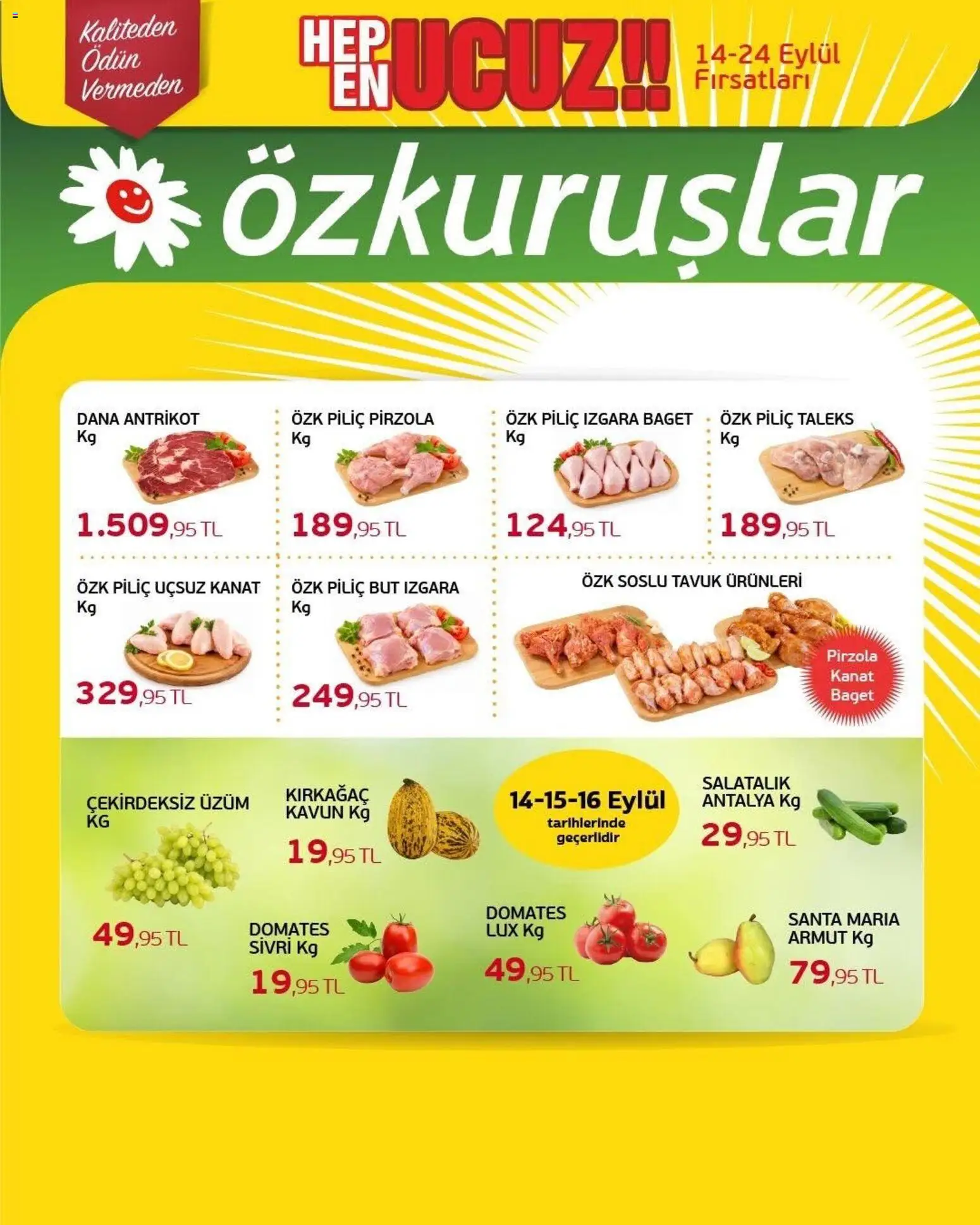 Özkuruşlar Katalog - 14 Eylül 2026 tarihinden itibaren geçerlidir | Sayfa: 13 | Ürünler: Çekirdeksiz üzüm, Domates, Piliç, Kavun