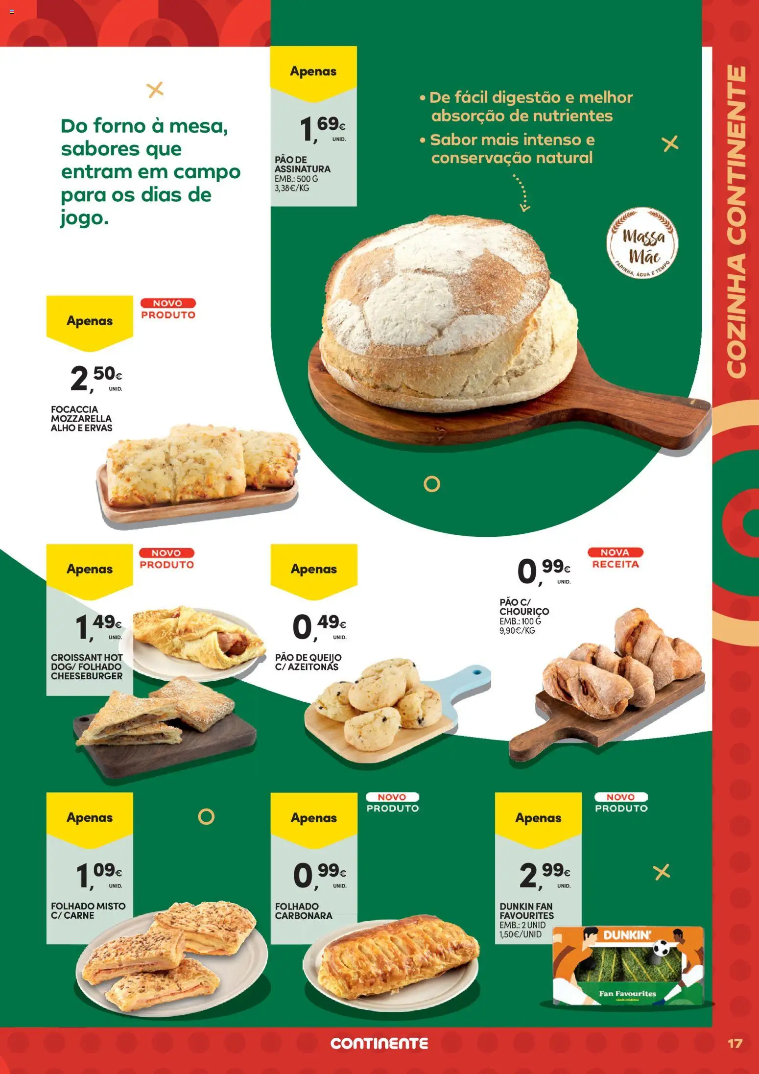 Continente - Futebol Alimenta a fome de vencer │ válido de 09.06.2026 | Página: 17 | Produtos: Queijo, Pão, Chouriço, Massa