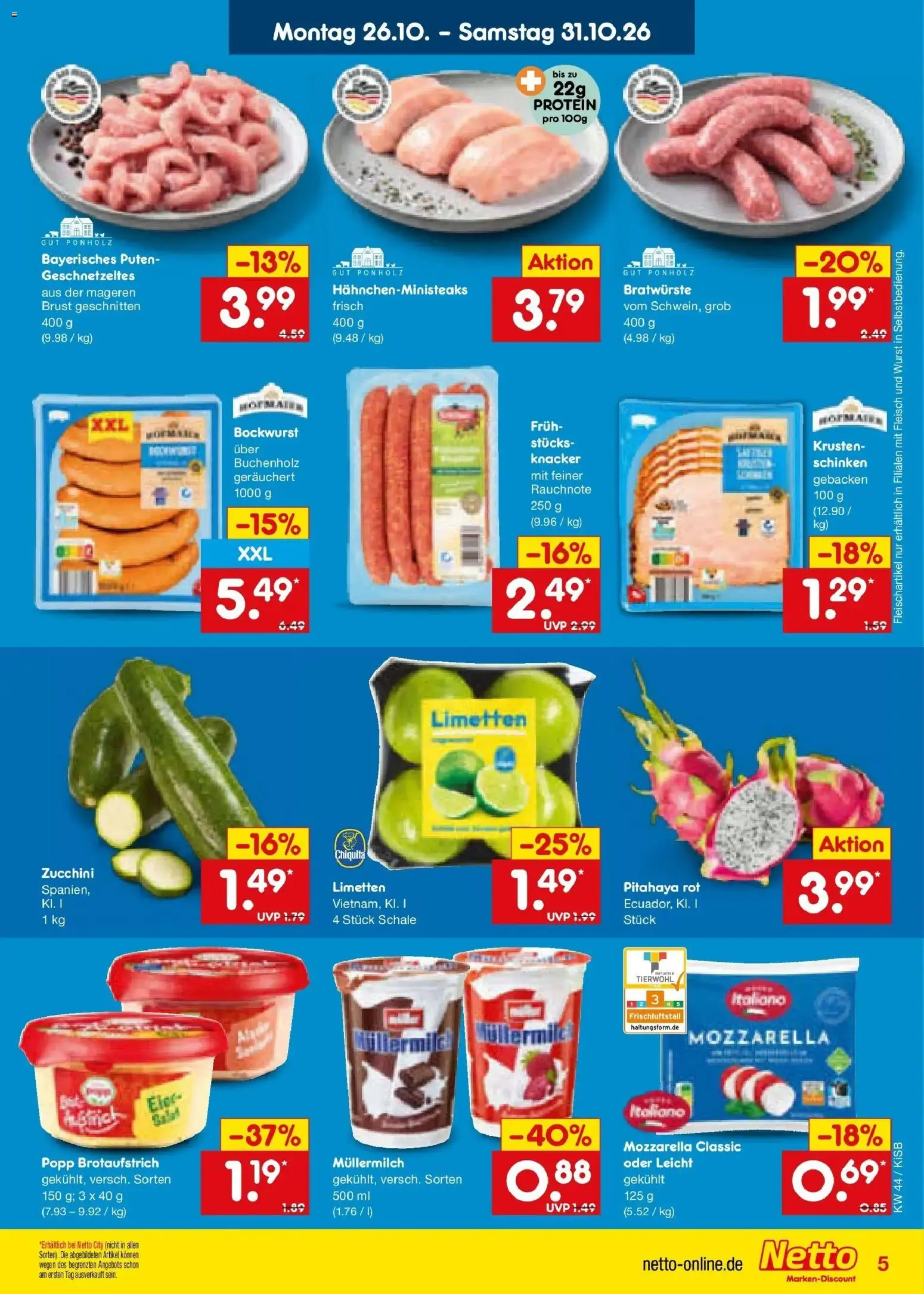 Netto Marken-Discount Prospekt Nürnberg – gültig ab 26.10.2026 | Seite: 7 | Produkte: Bockwurst, Limetten, Müllermilch, Zucchini