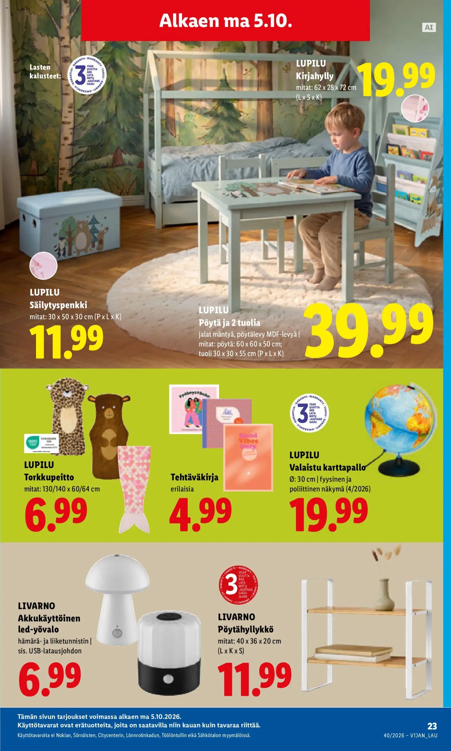 Lidl tarjoukset Kauhajoki – voimassa 05/10/2026 alkaen | Sivu: 13 | Tuotteet: Pöytä, Tuoli, Kirjahylly
