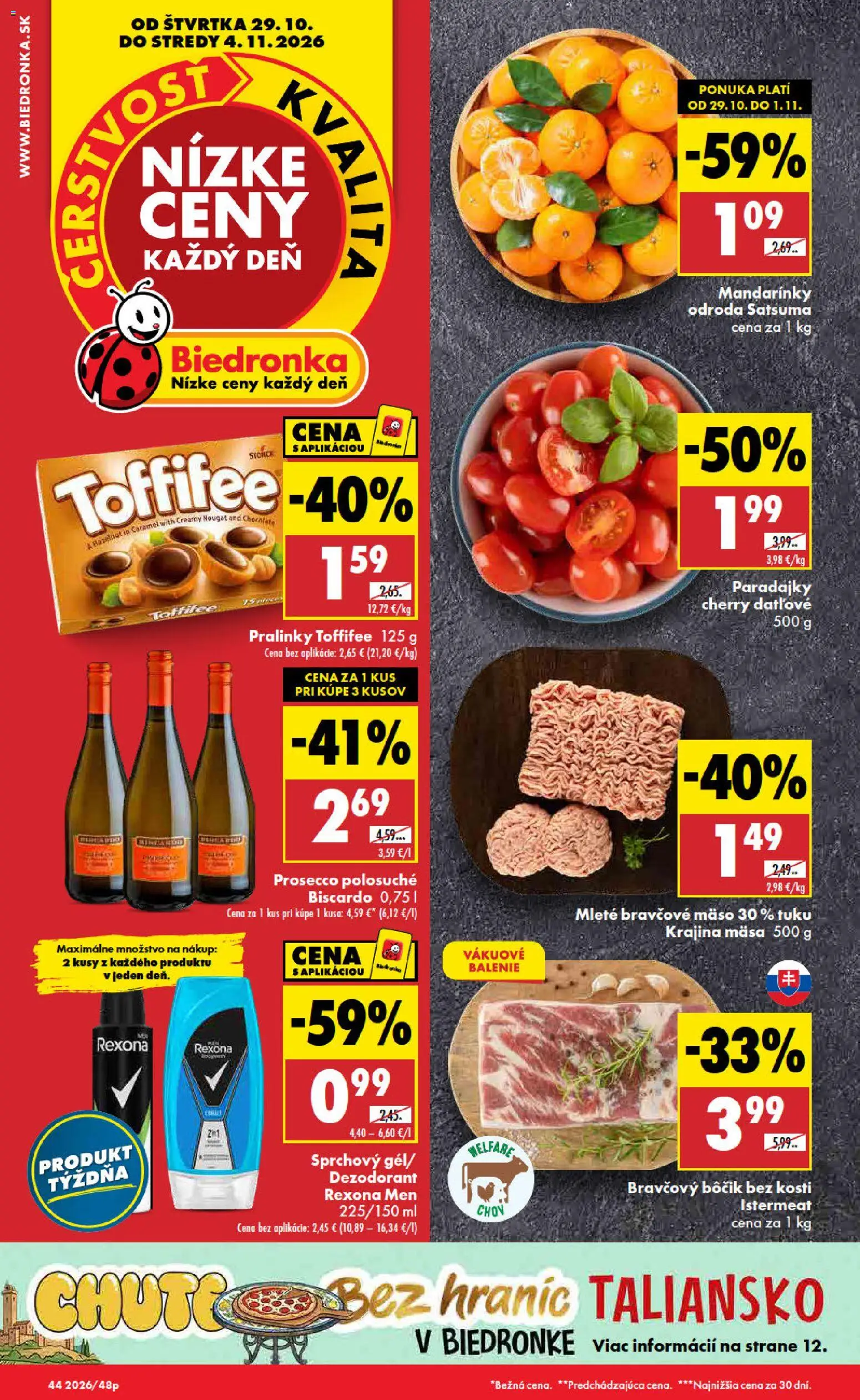 Nové Biedronka akcie – leták je platný od 29.10.2026 | Strana: 1 | Produkty: Paradajky, Mäso, Mandarinky, Bôčik bez kosti