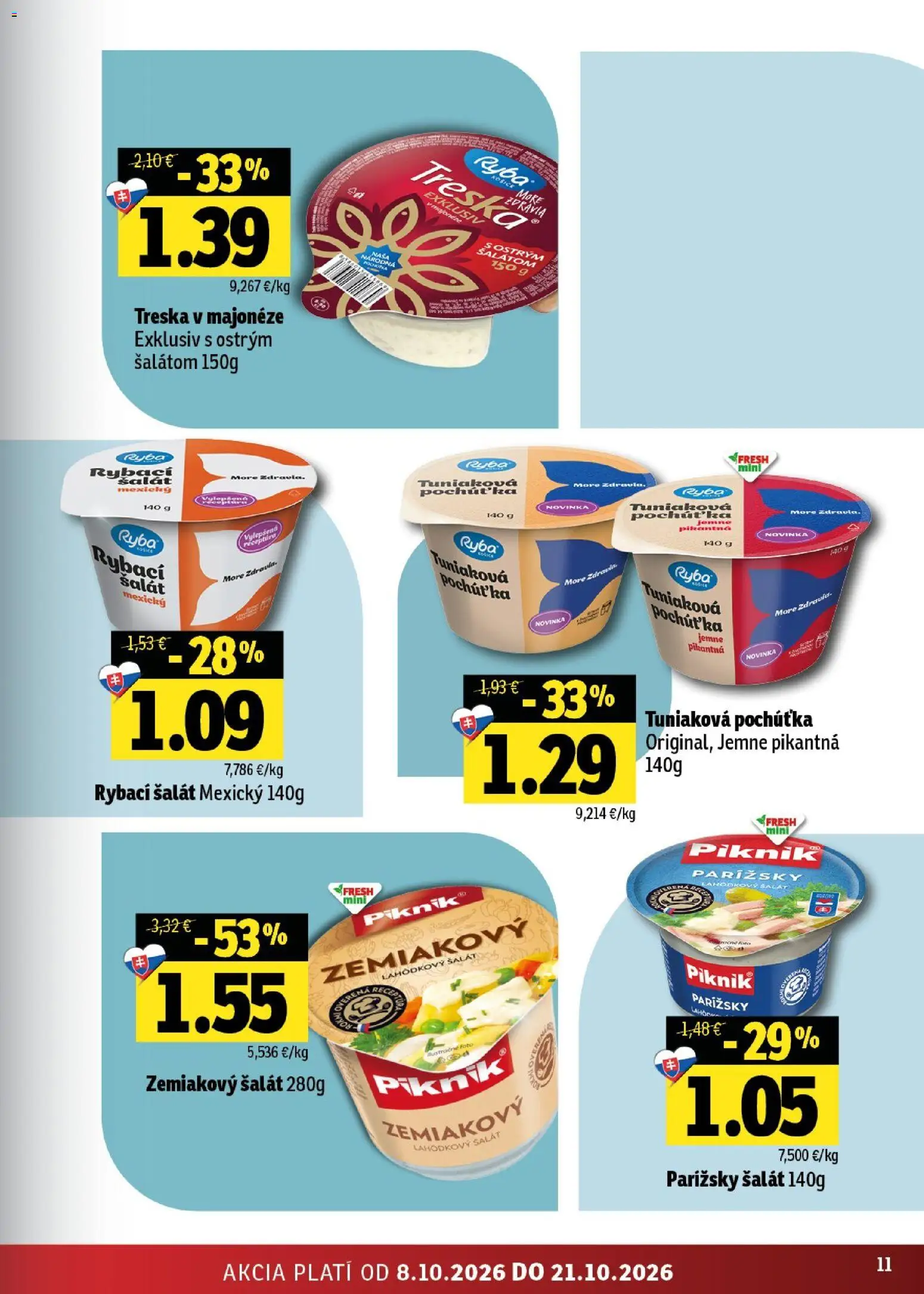 Nové Fresh akcie – leták je platný od 08.10.2026 | Strana: 11 | Produkty: Ryba, Šalát, Zemiakový šalát, Treska