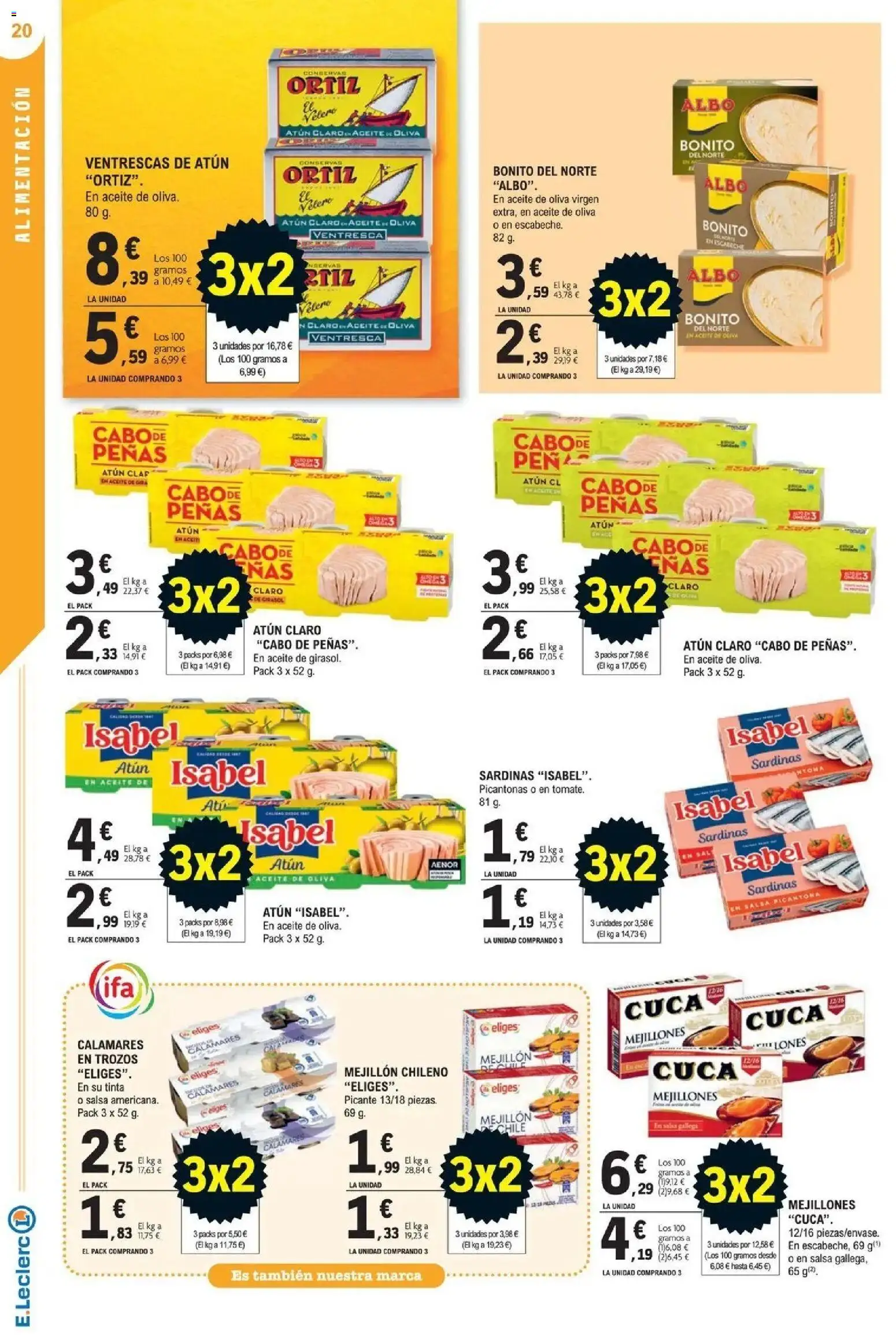 E.Leclerc Megames 3X2 21/10/2026 - 01/11/2026 | Página: 20 | Productos: Calamares, Aceite, Aceite de oliva, Sardinas