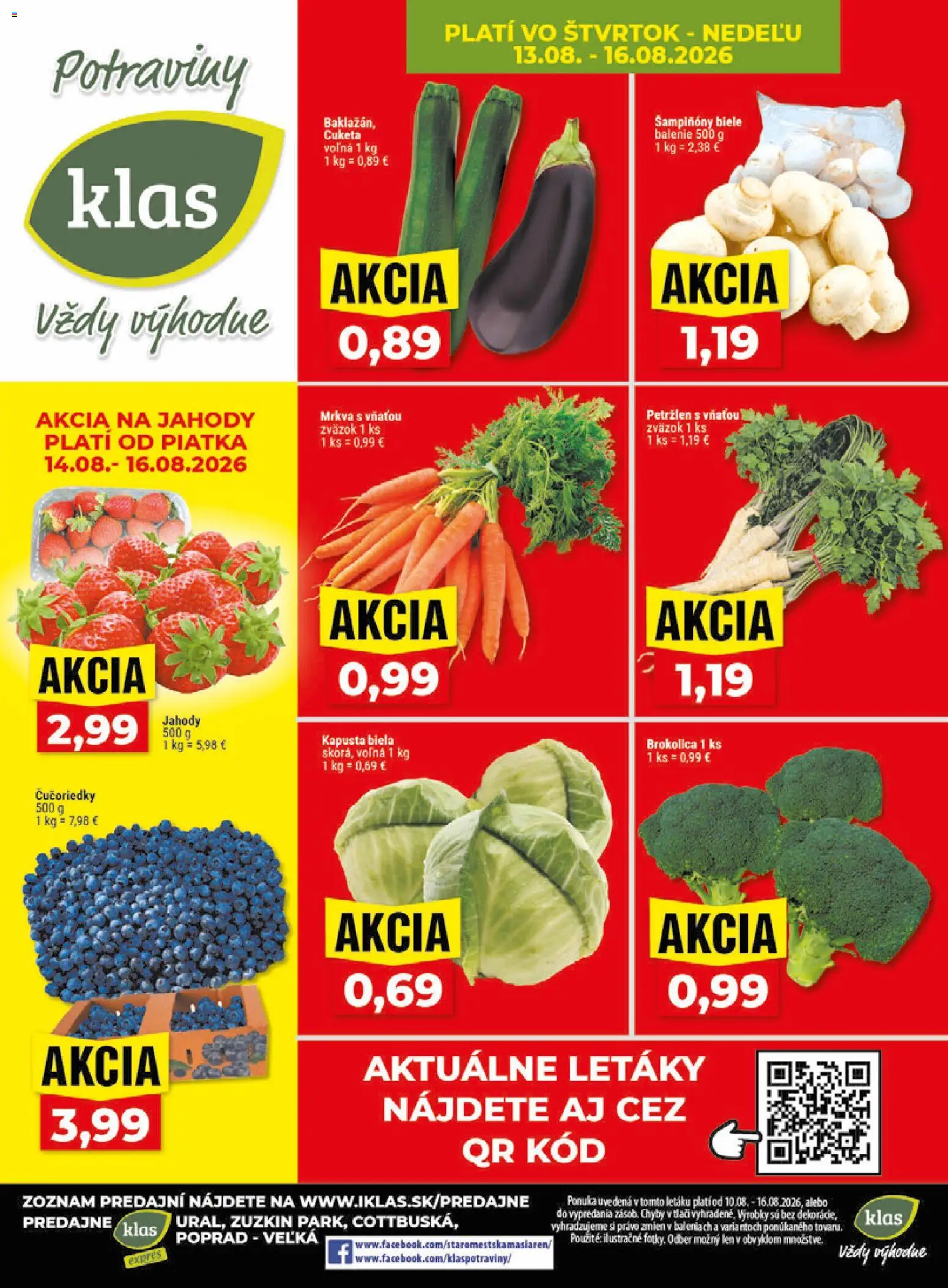 Nové Klas akcie – leták je platný od 10.08.2026 | Strana: 29 | Produkty: Brokolica, Šampiňóny, Jahody, Petržlen