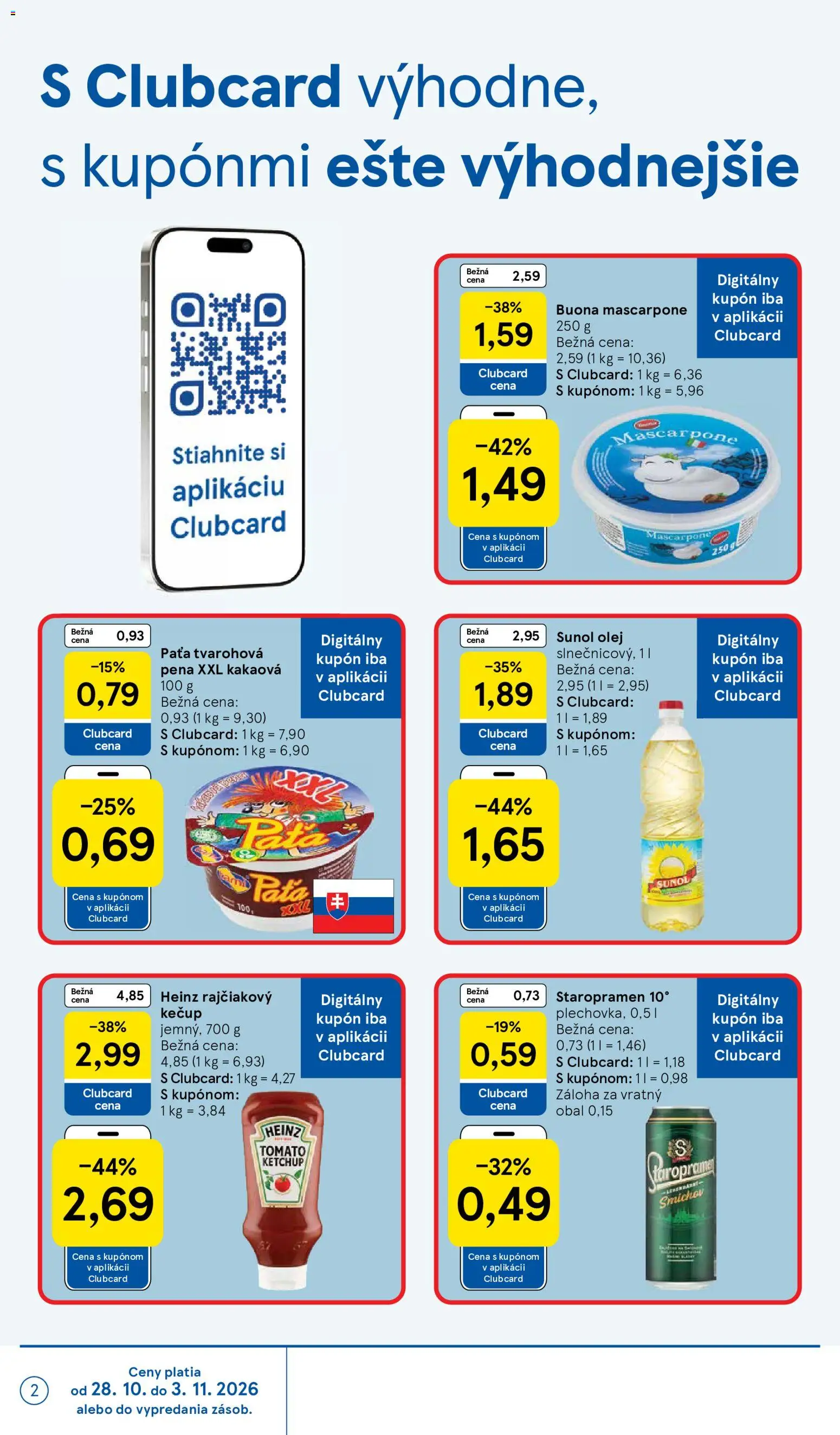 Nové Tesco akcie – leták je platný od 28.10.2026 | Strana: 2 | Produkty: Olej, Staropramen, Kečup, Pena