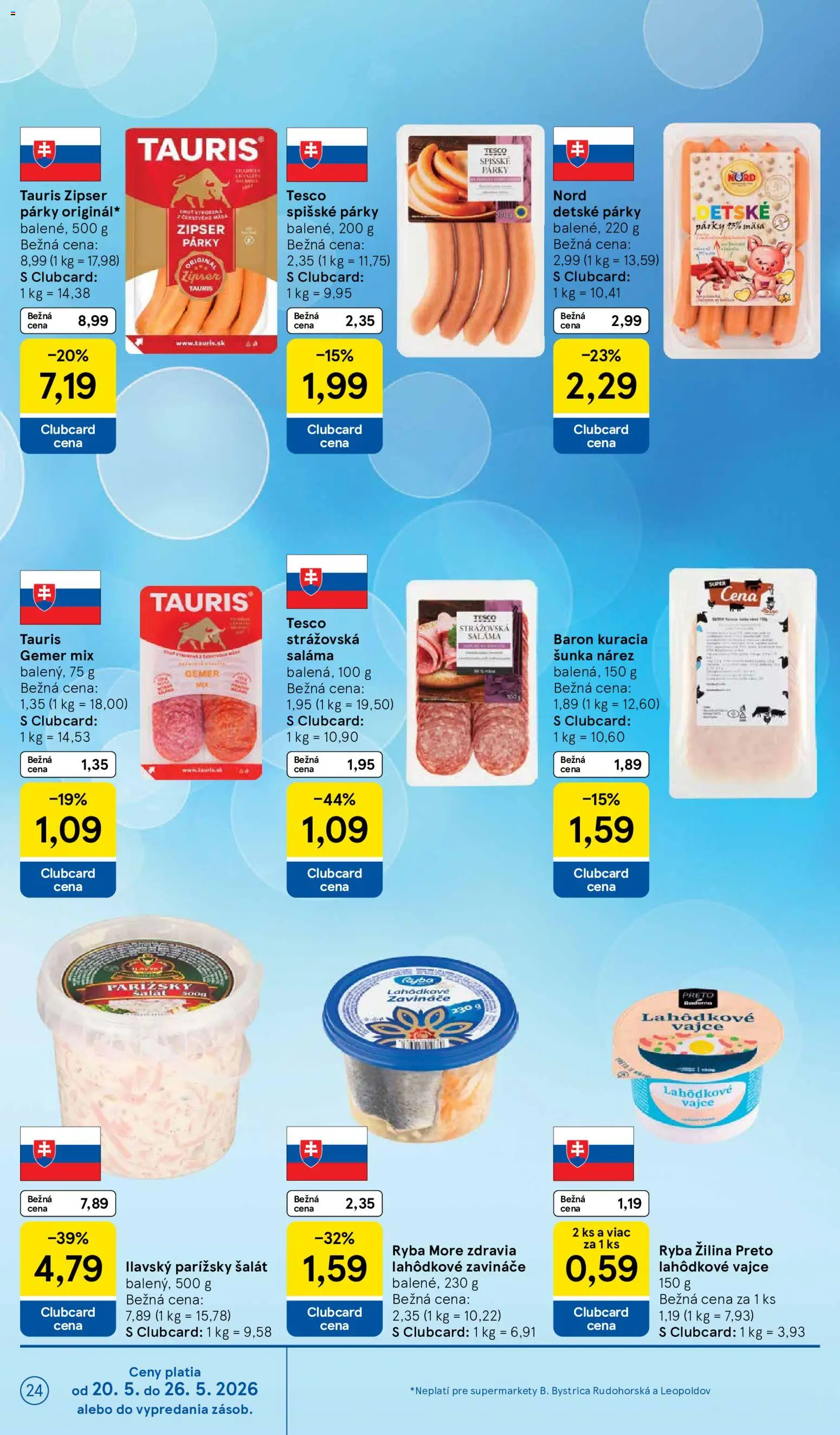 Nové Tesco akcie – leták je platný od 20.05.2026 | Strana: 24 | Produkty: Šunka, Ryba, Šalát, Párky