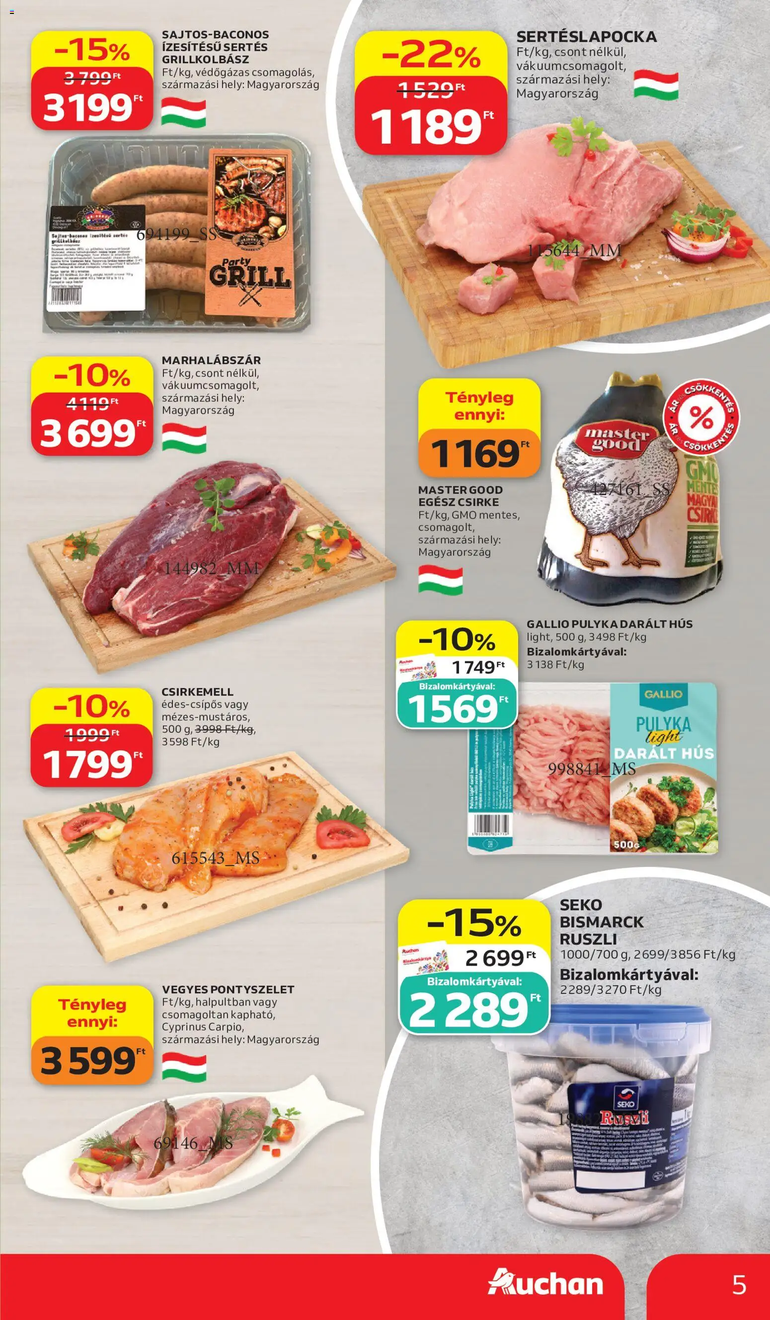 Auchan akciós ujság - amely érvényes a következő dátumtól: 2026.06.11. | Oldal: 5 | Termékek: Marhalábszár, Grillkolbász, Hús, Egész csirke