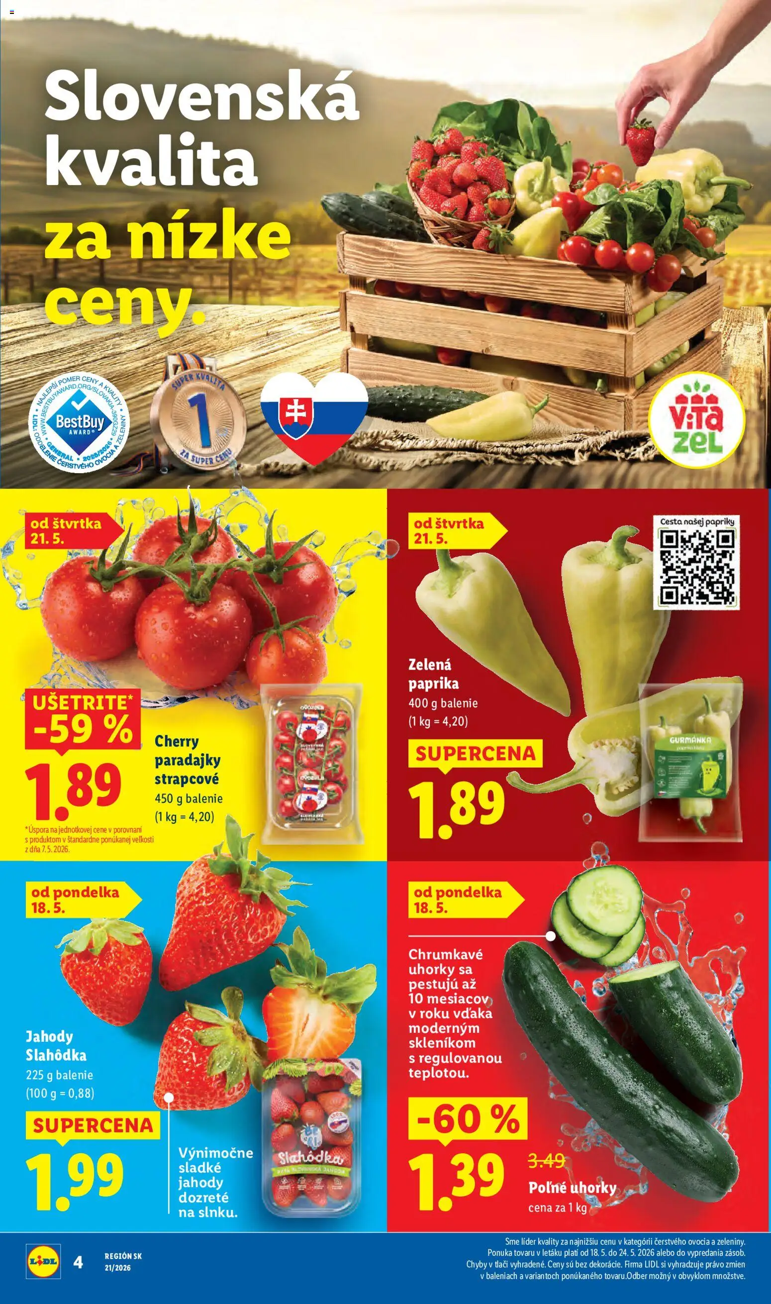 Nové Lidl akcie – leták je platný od 18.05.2026 | Strana: 4 | Produkty: Paprika, Paradajky, Jahody, Cherry paradajky