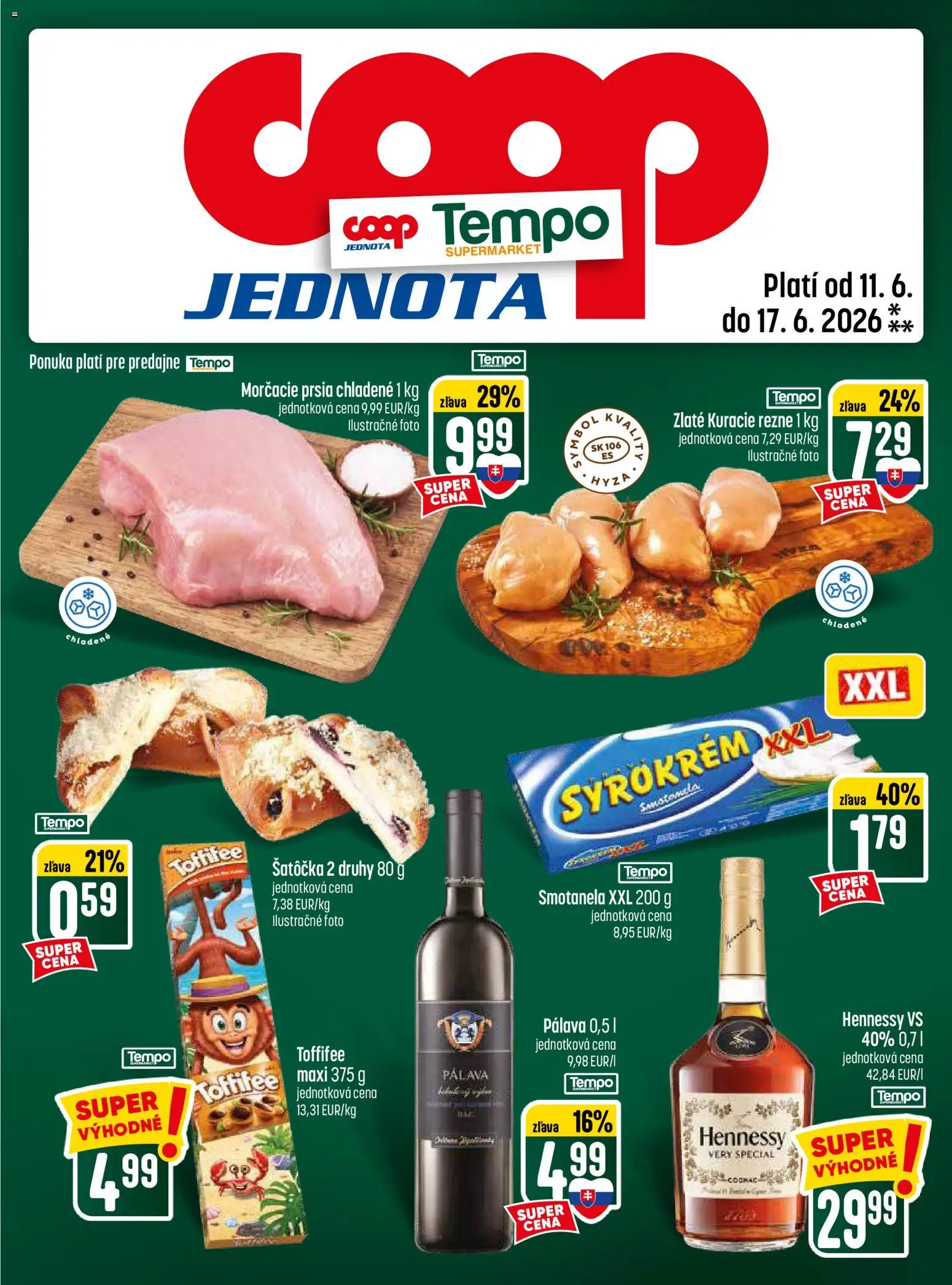 Nové COOP Jednota akcie – leták je platný od 11.06.2026 | Strana: 29 | Produkty: Kuracie rezne, Toffifee, Hennessy