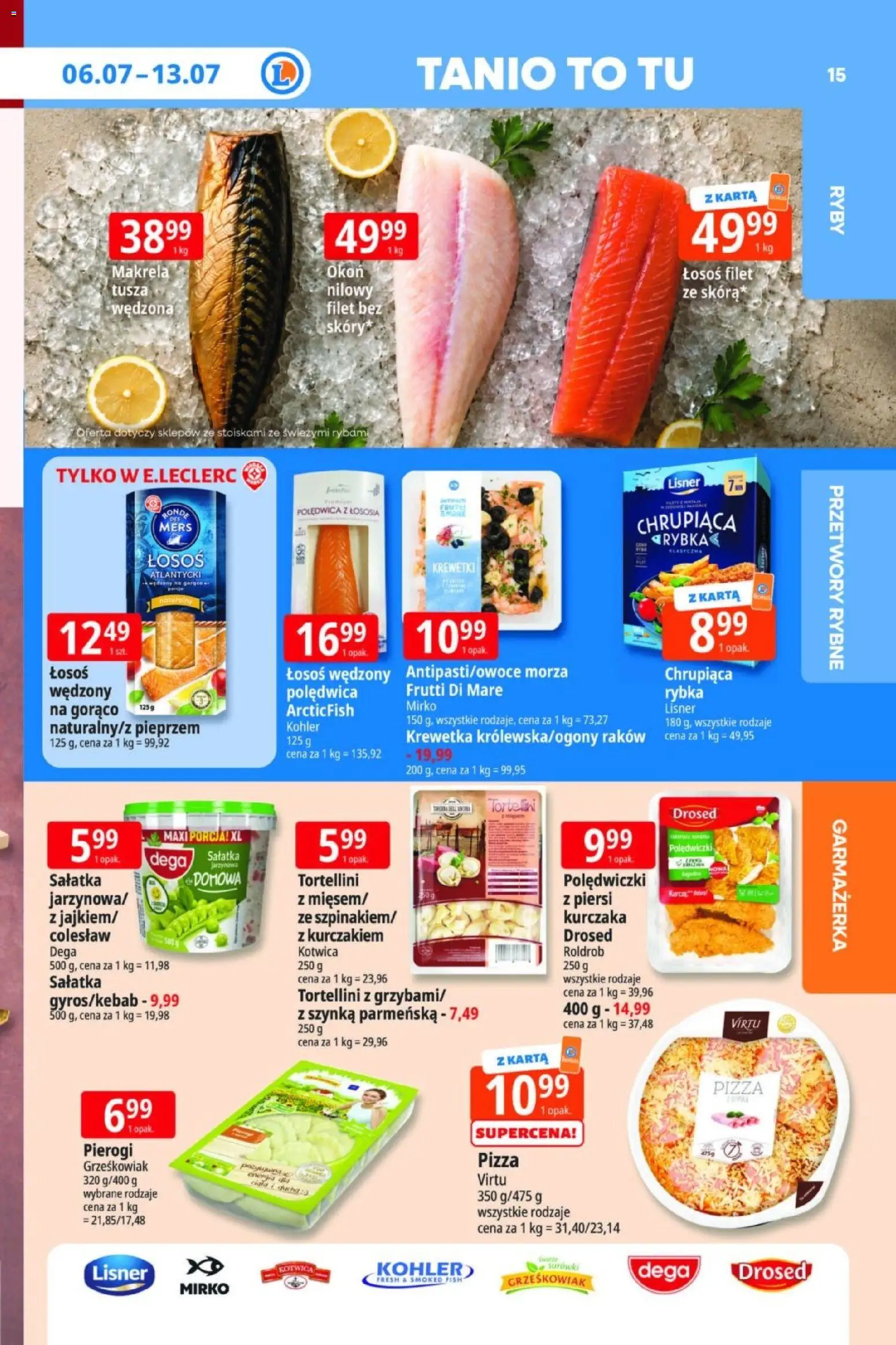 E.Leclerc gazetka od 06.07.2026 | Strona: 15 | Produkty: Łosoś wędzony, Krewetki, Frutti di Mare, Sałatka
