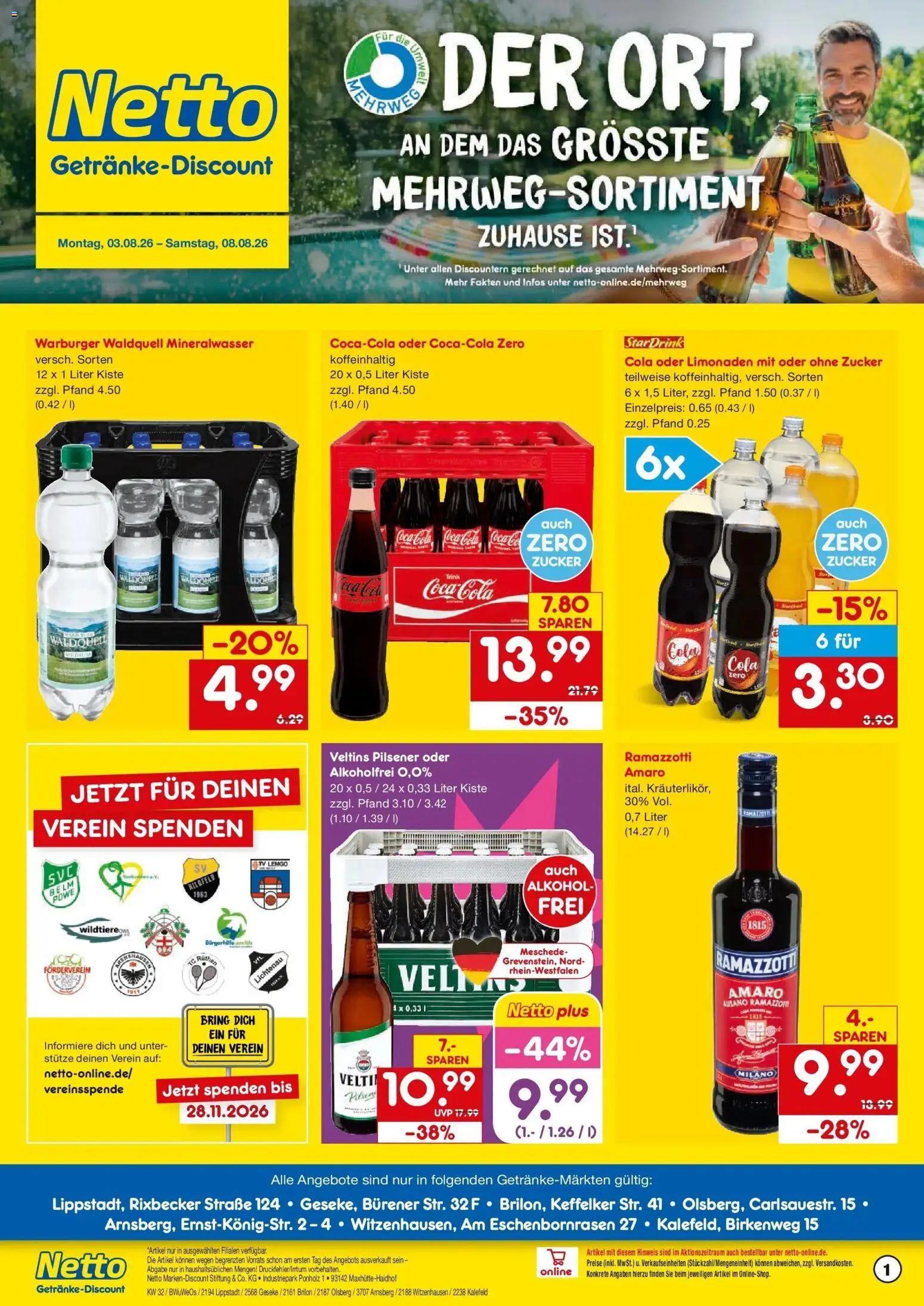 Netto Marken-Discount Prospekt Brilon – gültig ab 03.08.2026 | Seite: 1 | Produkte: Coca cola, Mineralwasser, Ramazzotti, TV
