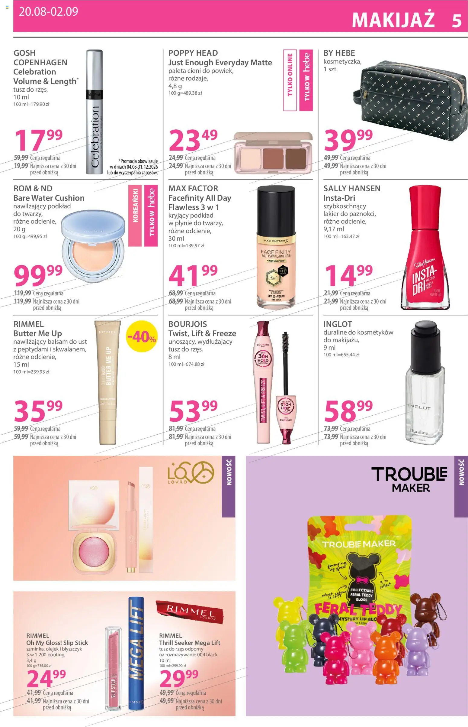 Hebe gazetka od 20.08.2026 | Strona: 5 | Produkty: Balsam do ust, Tusz do rzęs, Błyszczyk, Finish