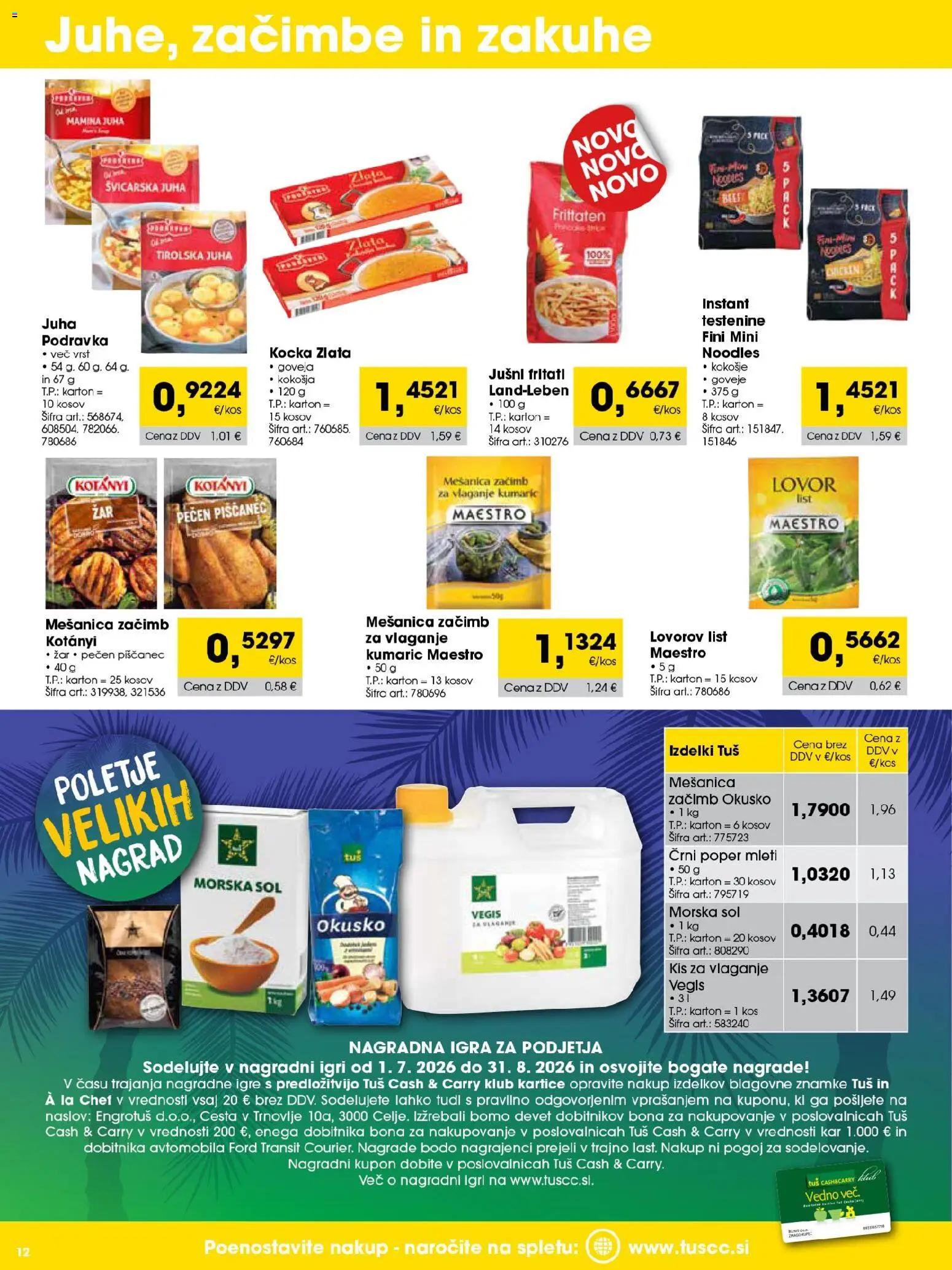Novi Tuš katalog ponudbe – veljaven od 01.07.2026 | Stran: 12 | Izdelki: Kis, Zacimbe, Sol, Poper