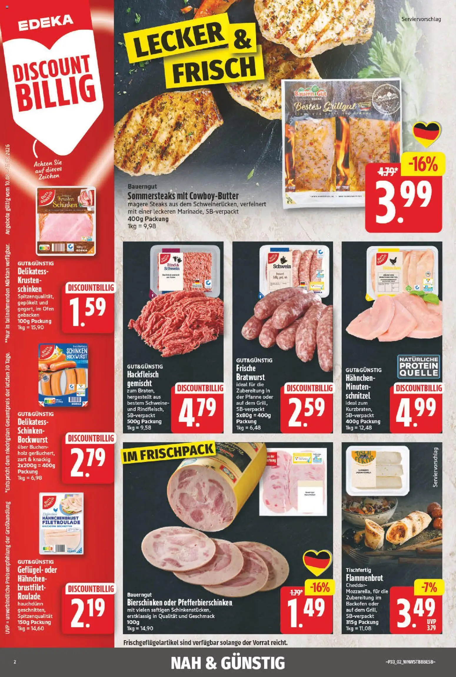 NP Discount Prospekt – gültig ab 10.08.2026 | Seite: 2 | Produkte: Bockwurst, Ofen, Schnitzel, Hackfleisch