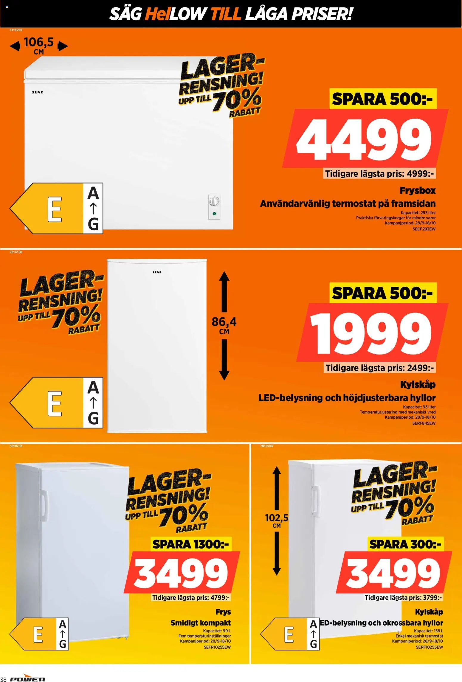 Power reklamblad aktuell från 28/09/2026 | Sida: 38 | Produkter: Såg, Frysbox, Kylskåp