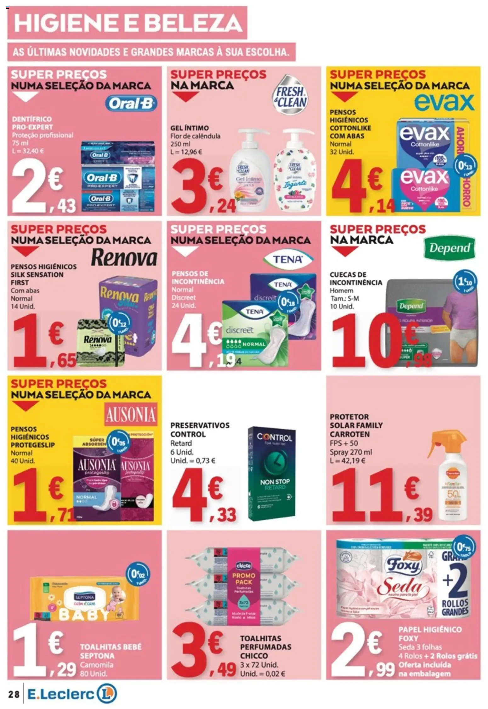 E.Leclerc folheto │ válido de 13/08/2026 | Página: 28 | Produtos: Roupa interior, Papel higiénico, Pensos higiénicos, Preservativos