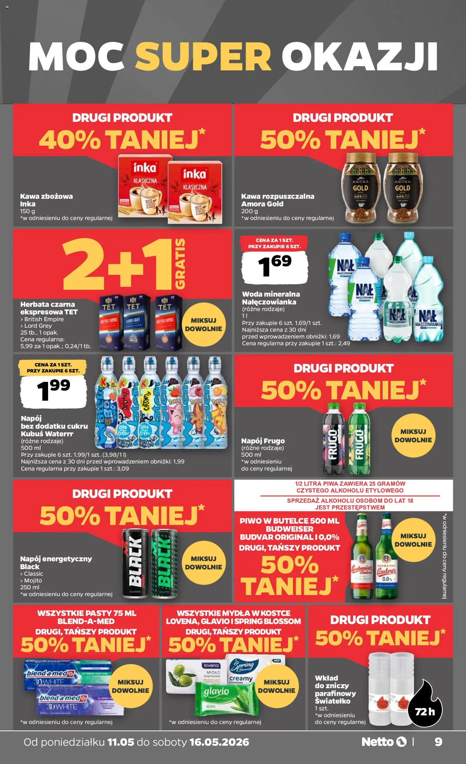 Netto gazetka od poniedziałku spożywcza od 11.05.2026 | Strona: 9 | Produkty: Kawa rozpuszczalna, Piwo, Herbata, Woda