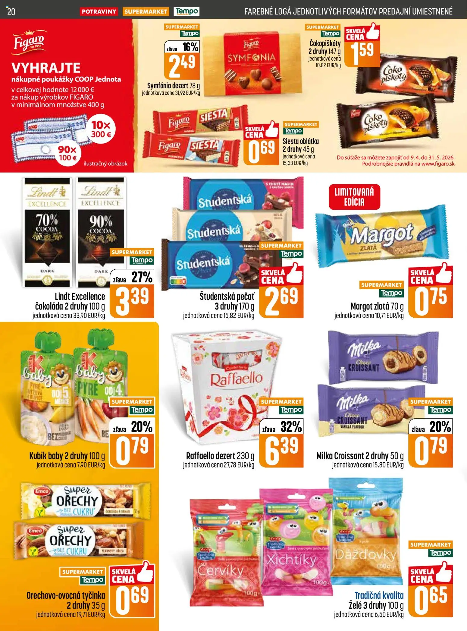 Nové COOP Jednota akcie – leták je platný od 16.04.2026 | Strana: 20 | Produkty: Lindt, Čokoláda, Študentská pečať, Milka