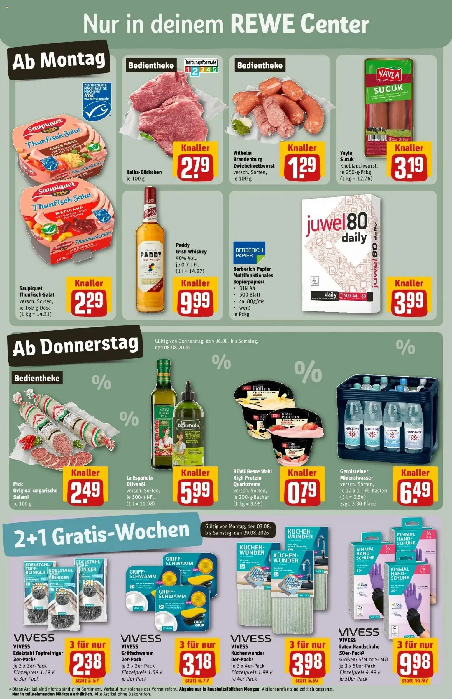 REWE Prospekt ab 03.08.2026 zum Blättern » Angebote | Seite: 3 | Produkte: Thunfisch, Salami, Kuchen, Whiskey