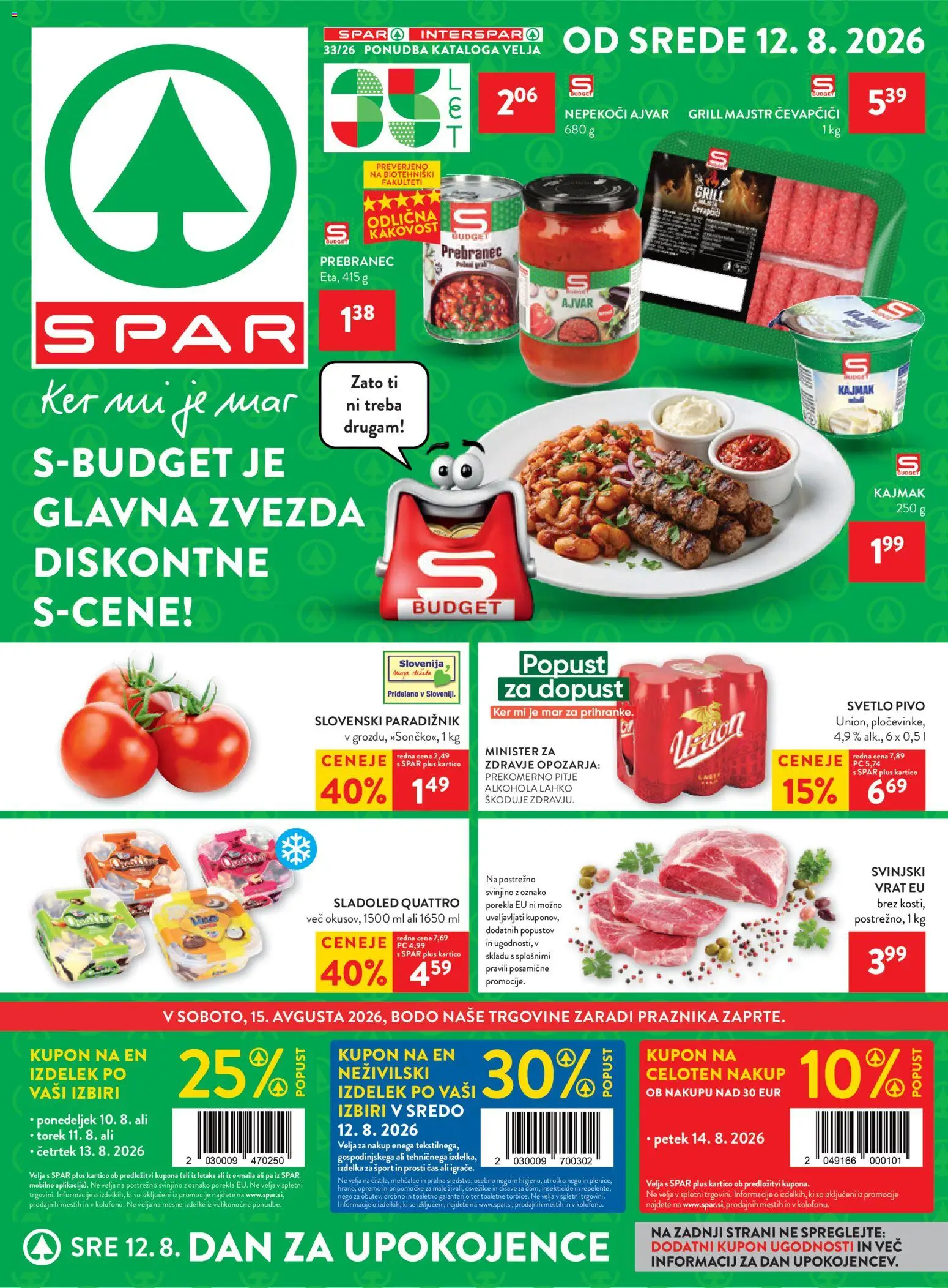 Novi Spar katalog ponudbe – veljaven od 12.08.2026 | Stran: 1 | Izdelki: Ajvar, Pivo, Paradiznik, Sladoled