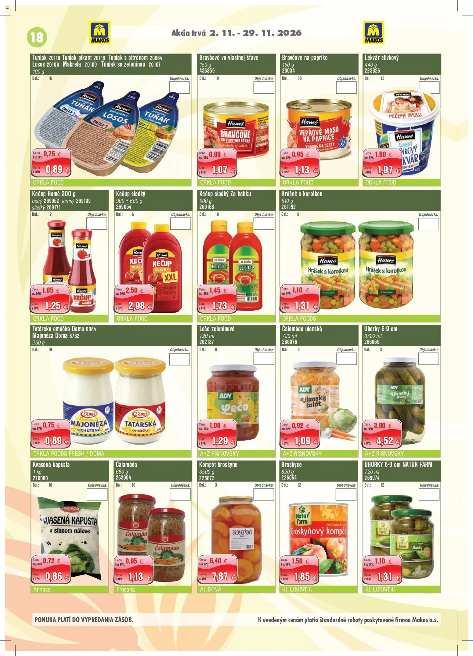 Nové Makos akcie – leták je platný od 02.11.2026 | Strana: 18 | Produkty: Majonéza, Makrela, Hrášok, Tatárska omáčka