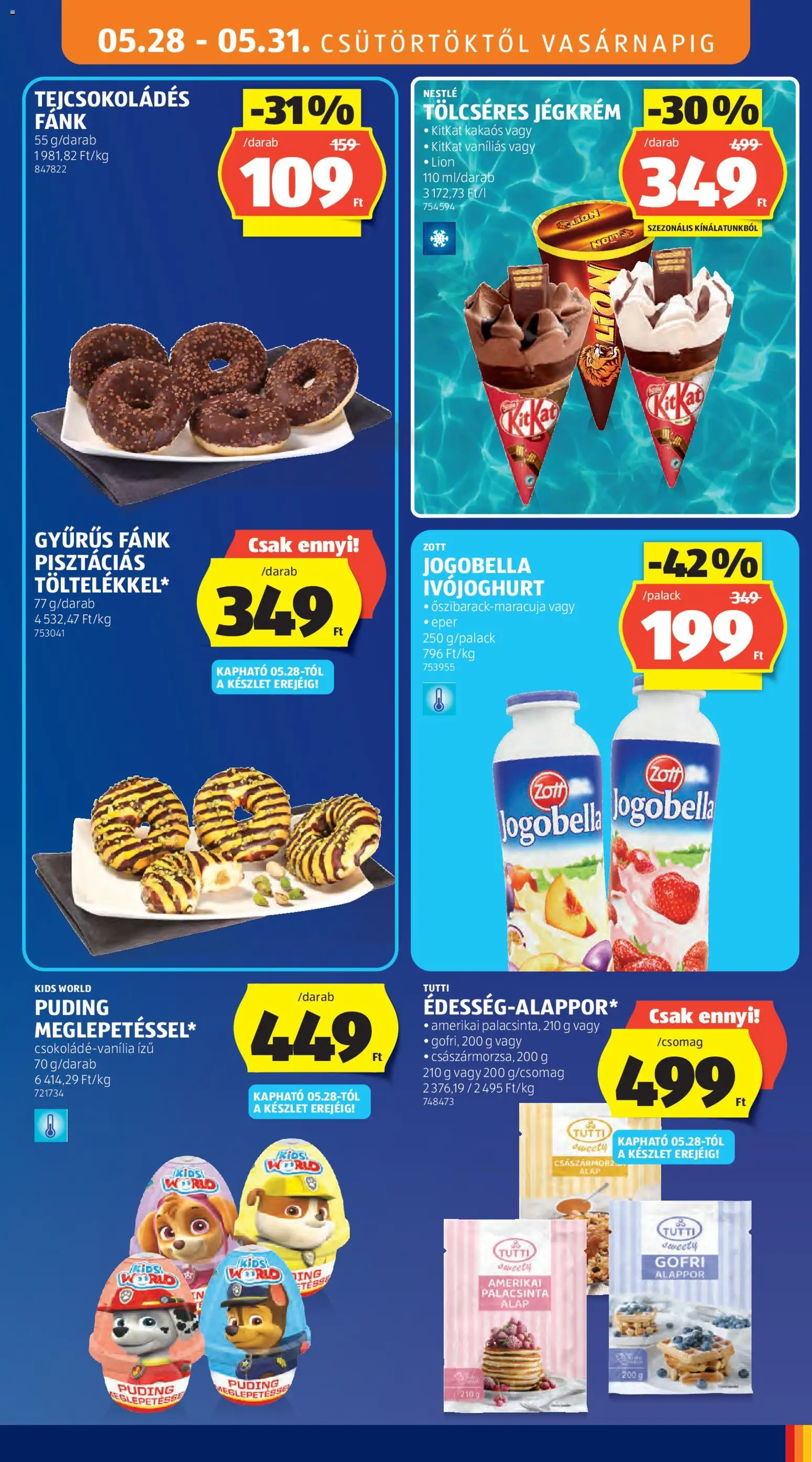 Aldi akciós ujság - amely érvényes a következő dátumtól: 28.05.2026 | Oldal: 15 | Termékek: Ivójoghurt, Puding, Eper, Jégkrém